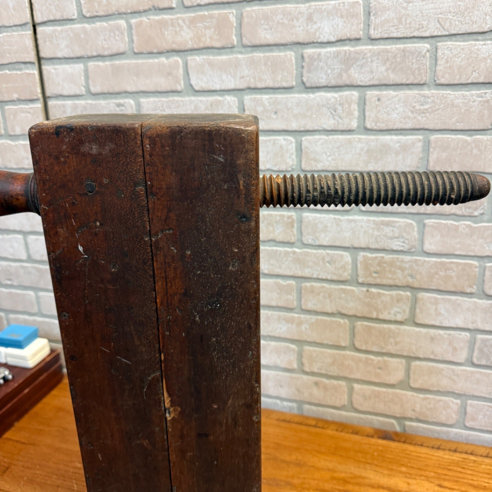 Antique Industrial Primitive Large Clamp Vise Tool Wooden