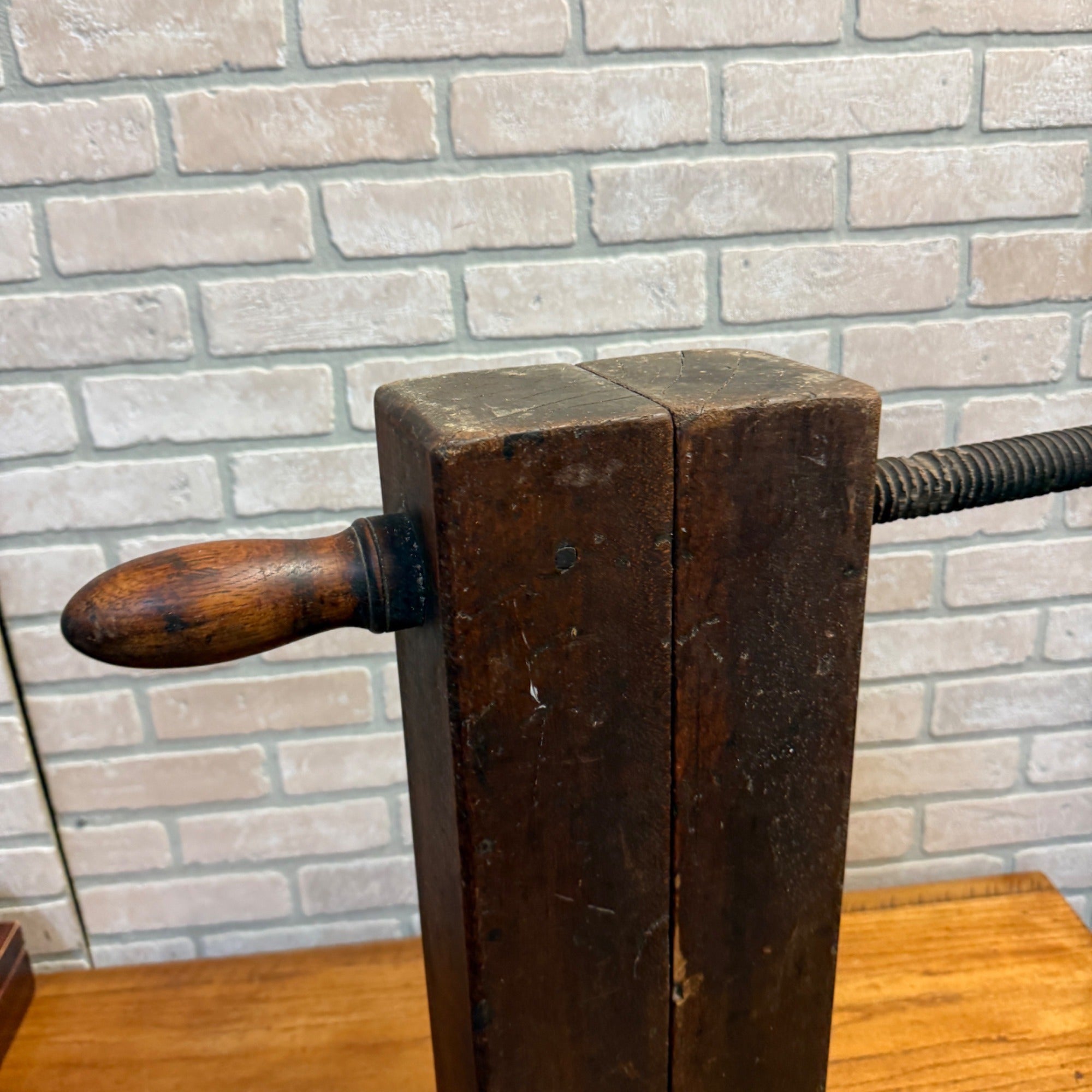 Antique Industrial Primitive Large Clamp Vise Tool Wooden