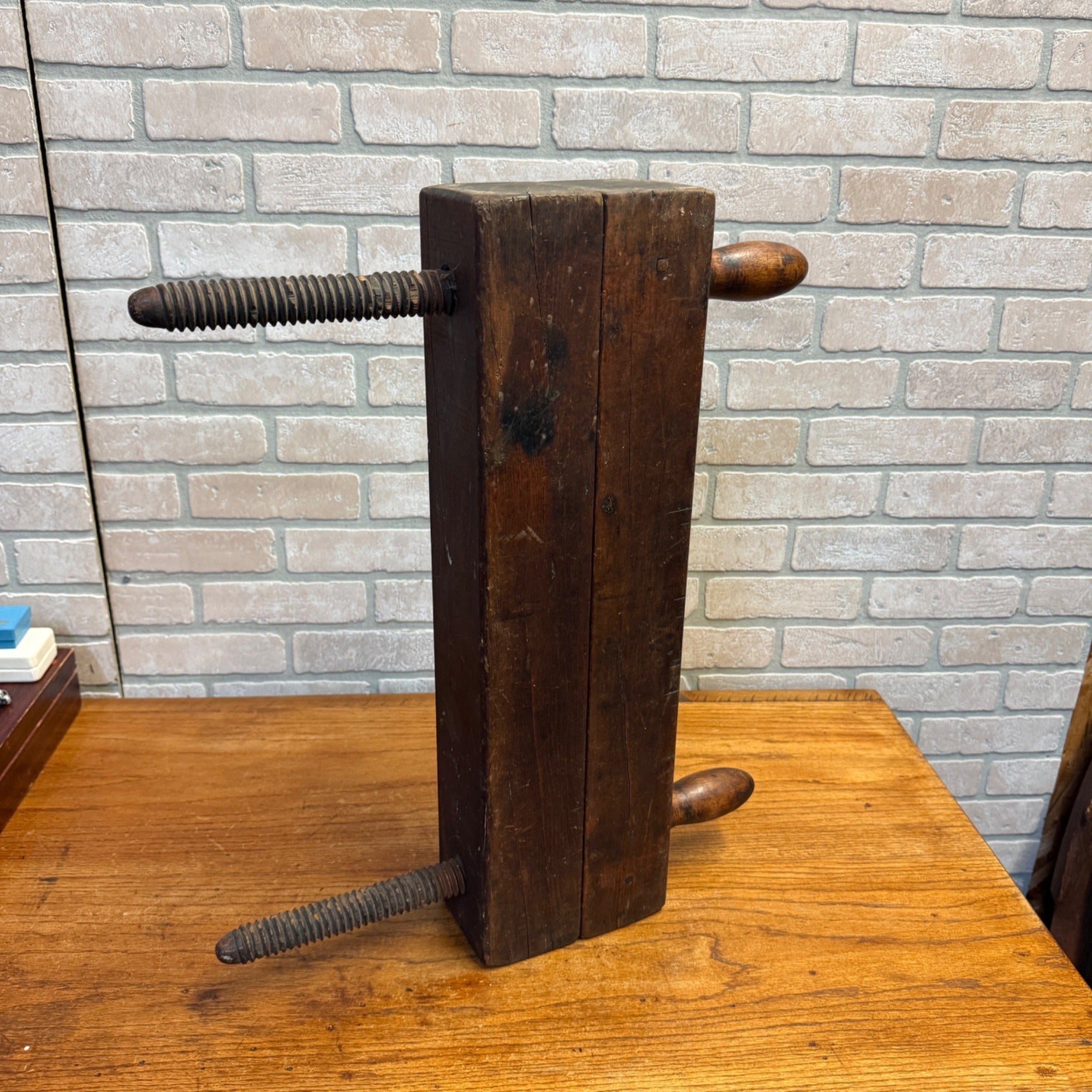 Antique Industrial Primitive Large Clamp Vise Tool Wooden