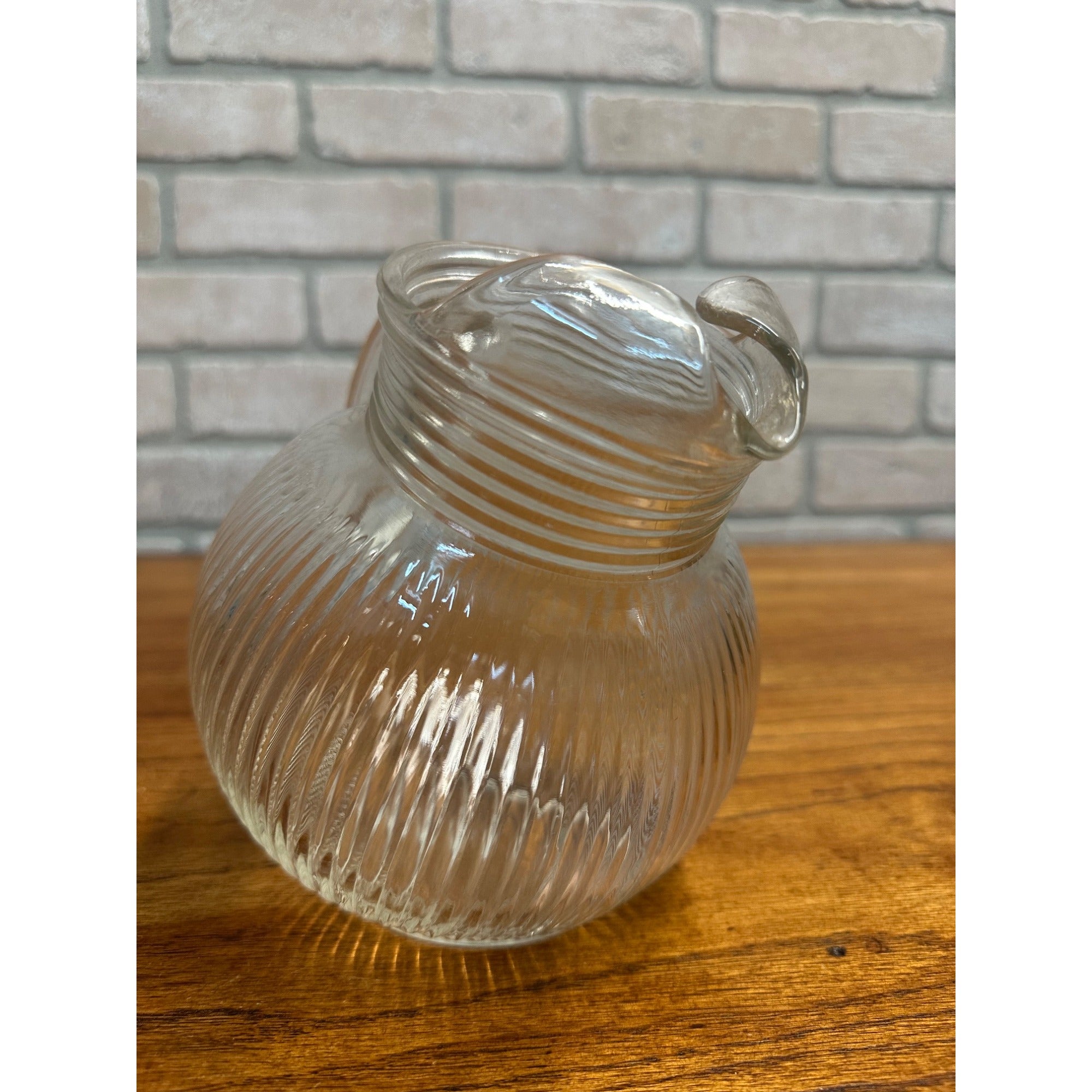 Vintage Hazel Atlas Clear Ribbed Tilted Ball Pitcher Glass w/ Ice Lip