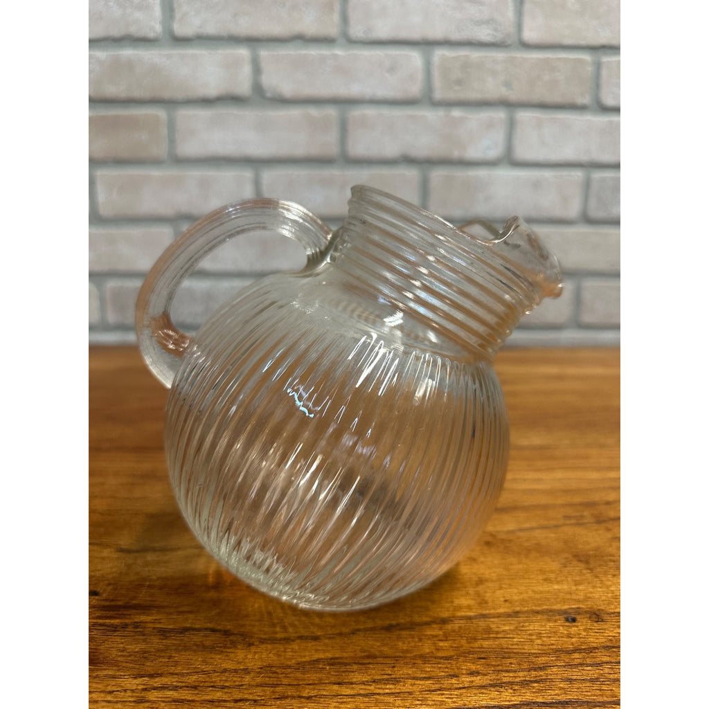 Vintage Hazel Atlas Clear Ribbed Tilted Ball Pitcher Glass w/ Ice Lip