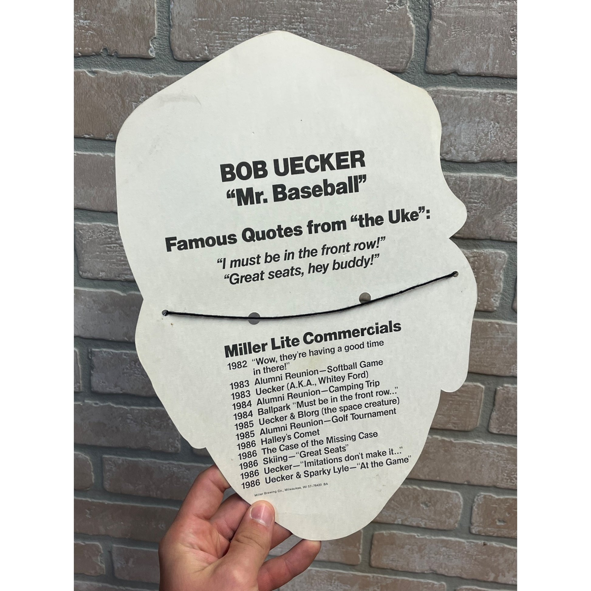 Bob Uecker Rare 1986 Miller Beer Milwaukee County Stadium Brewers Mask/Card