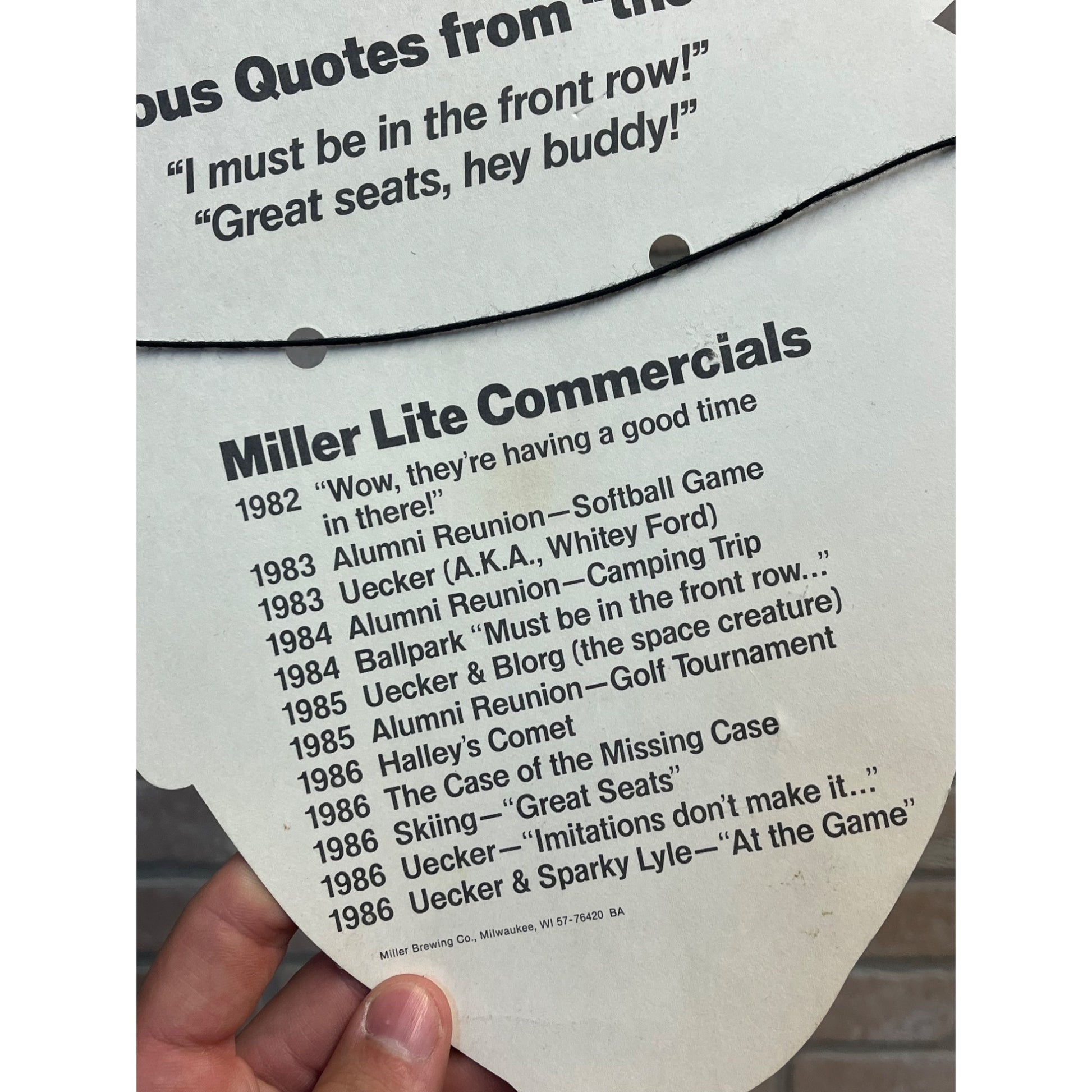 Bob Uecker Rare 1986 Miller Beer Milwaukee County Stadium Brewers Mask/Card