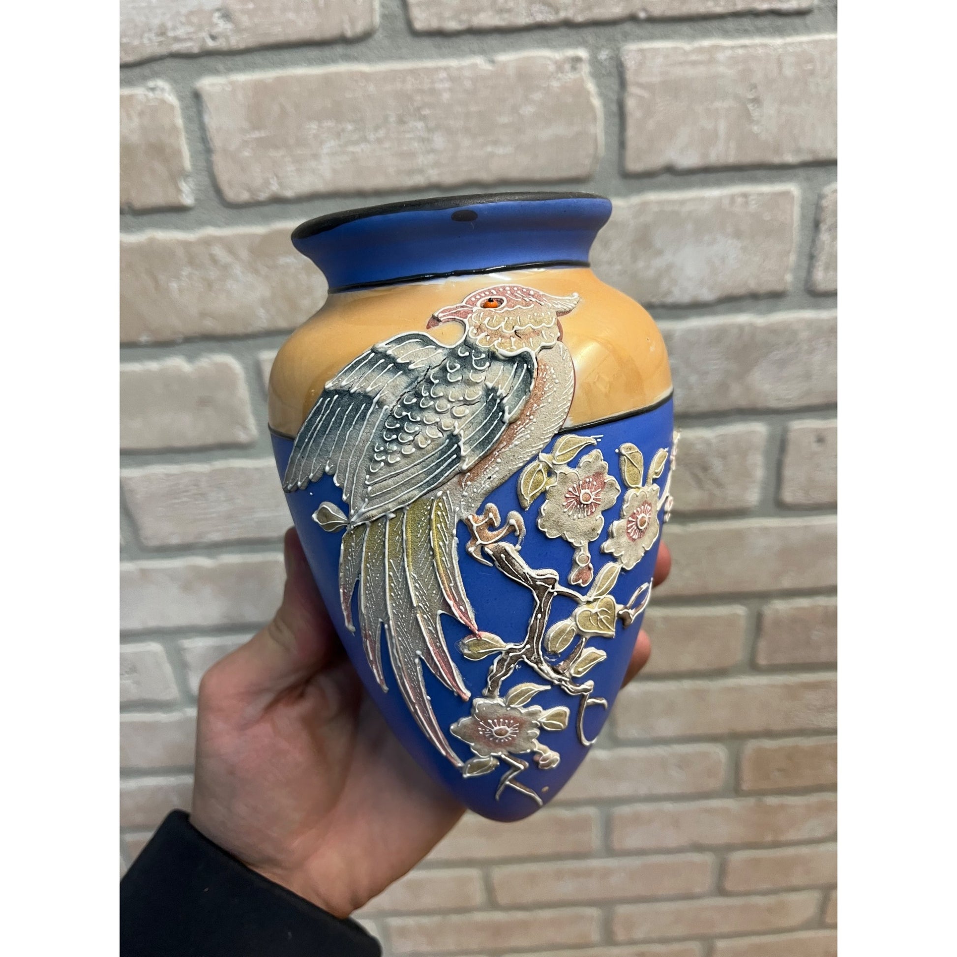 Vintage 1930s Lusterware Wall Pocket Vase Handpainted Japan Bird 7" Long