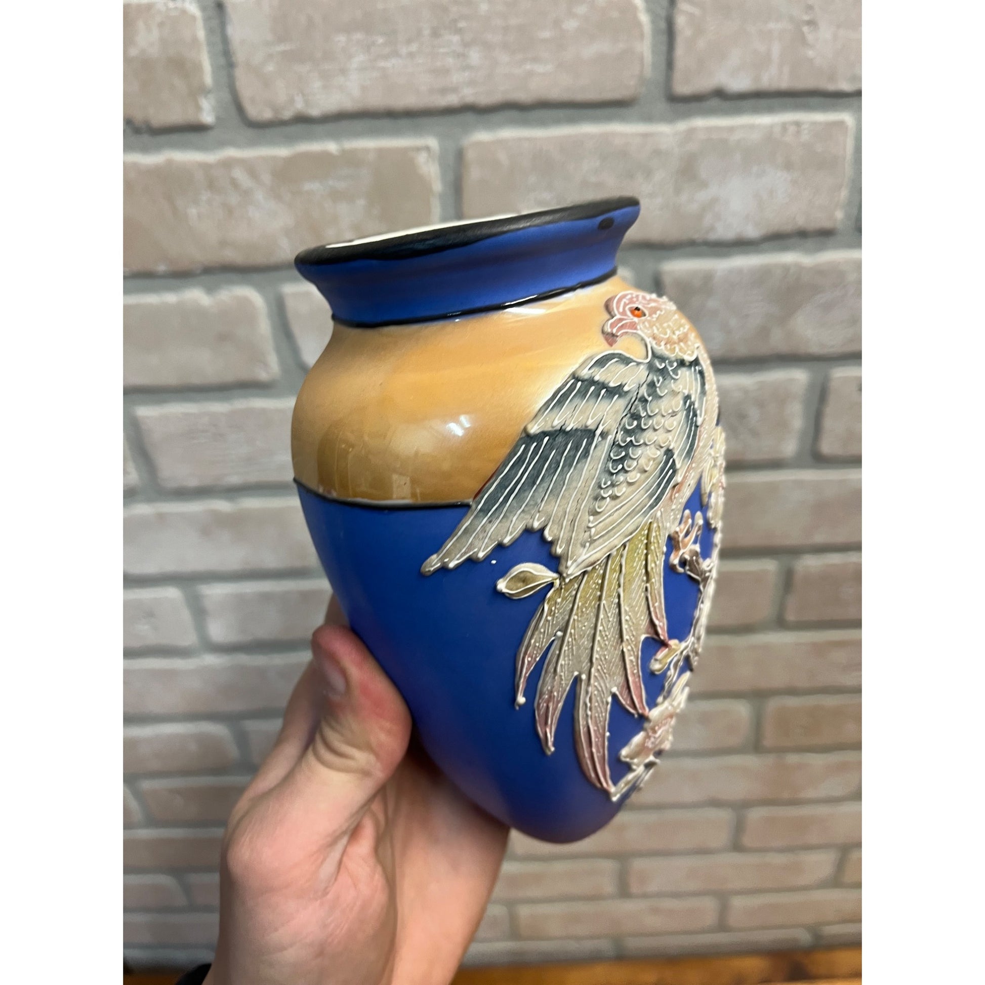 Vintage 1930s Lusterware Wall Pocket Vase Handpainted Japan Bird 7" Long