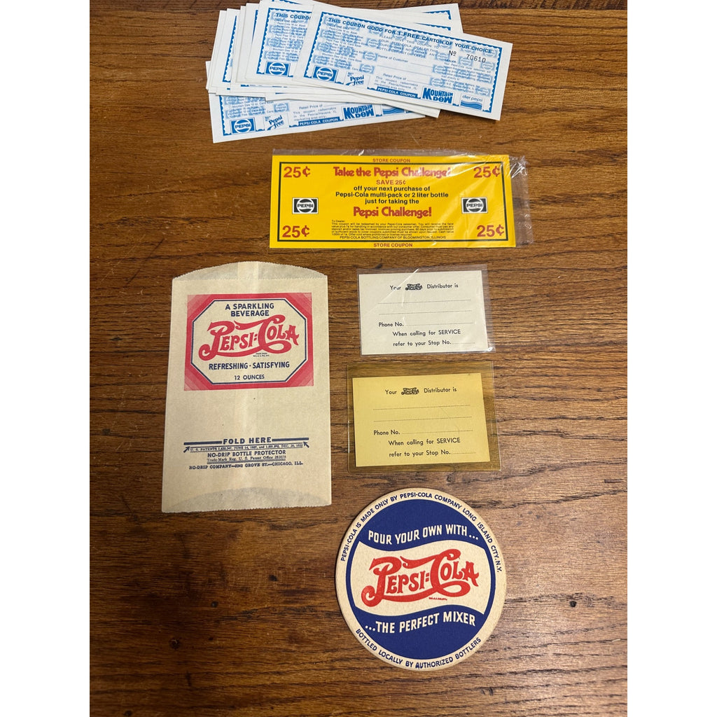 Vintage Pepsi Cola Advertising Lot No Drip Bottle Sleeve, Coasters, Coupons