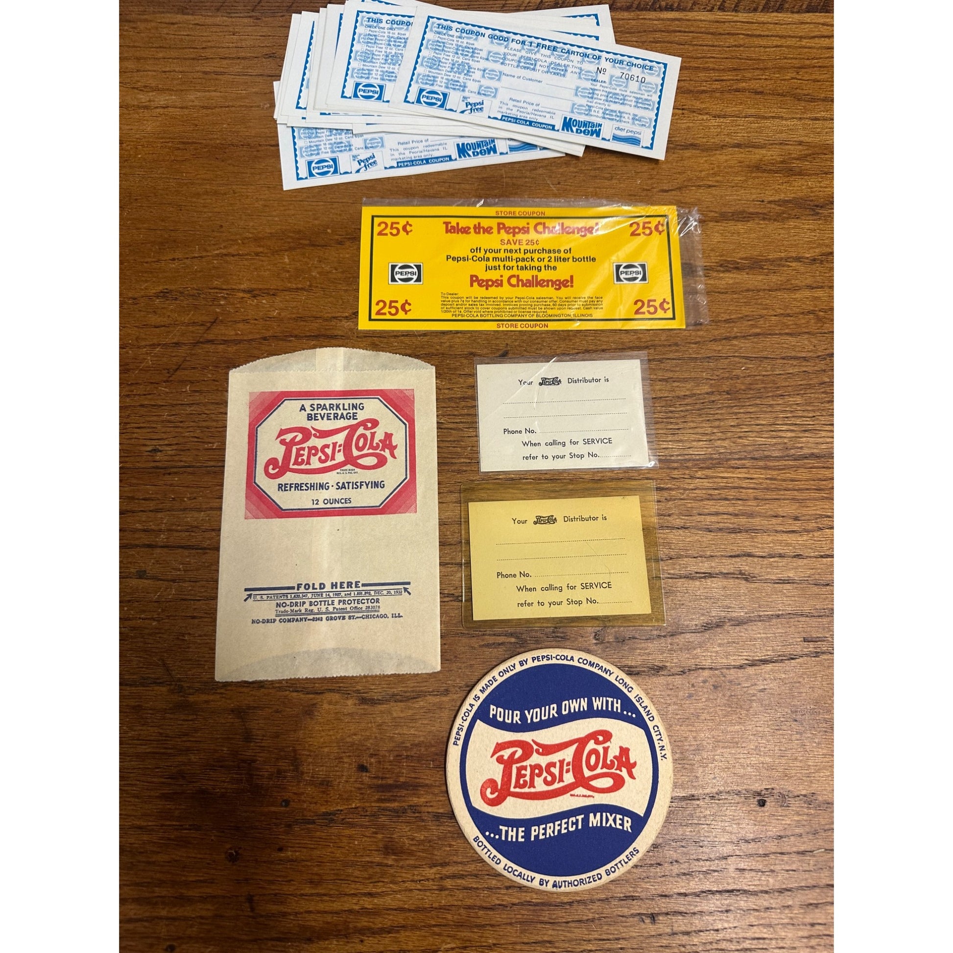Vintage Pepsi Cola Advertising Lot No Drip Bottle Sleeve, Coasters, Coupons