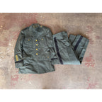 Vintage Military Dress Uniform Jacket & Pants Green Wool Blend Striped Trousers Gold Buttons