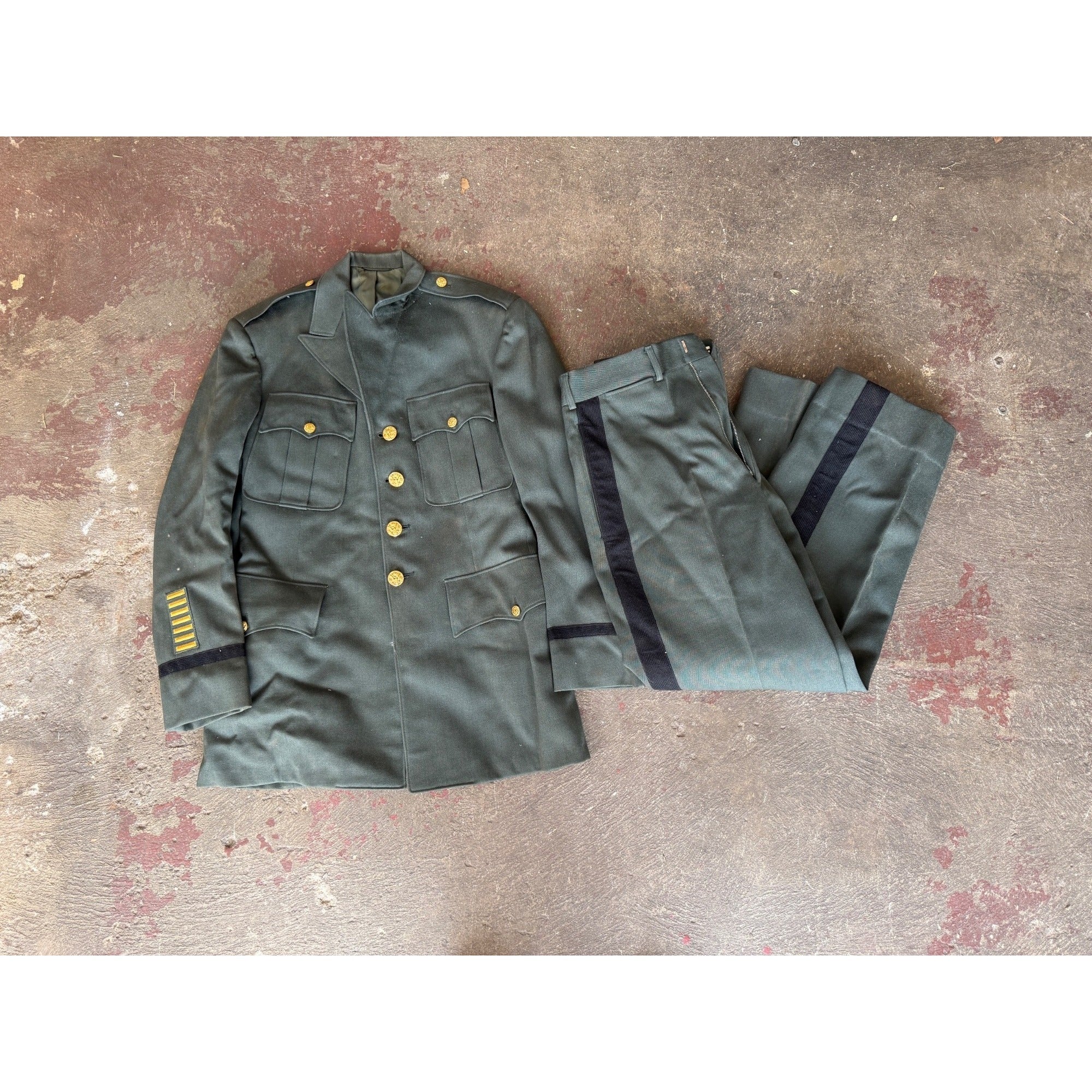 Vintage Military Dress Uniform Jacket & Pants Green Wool Blend Striped Trousers Gold Buttons