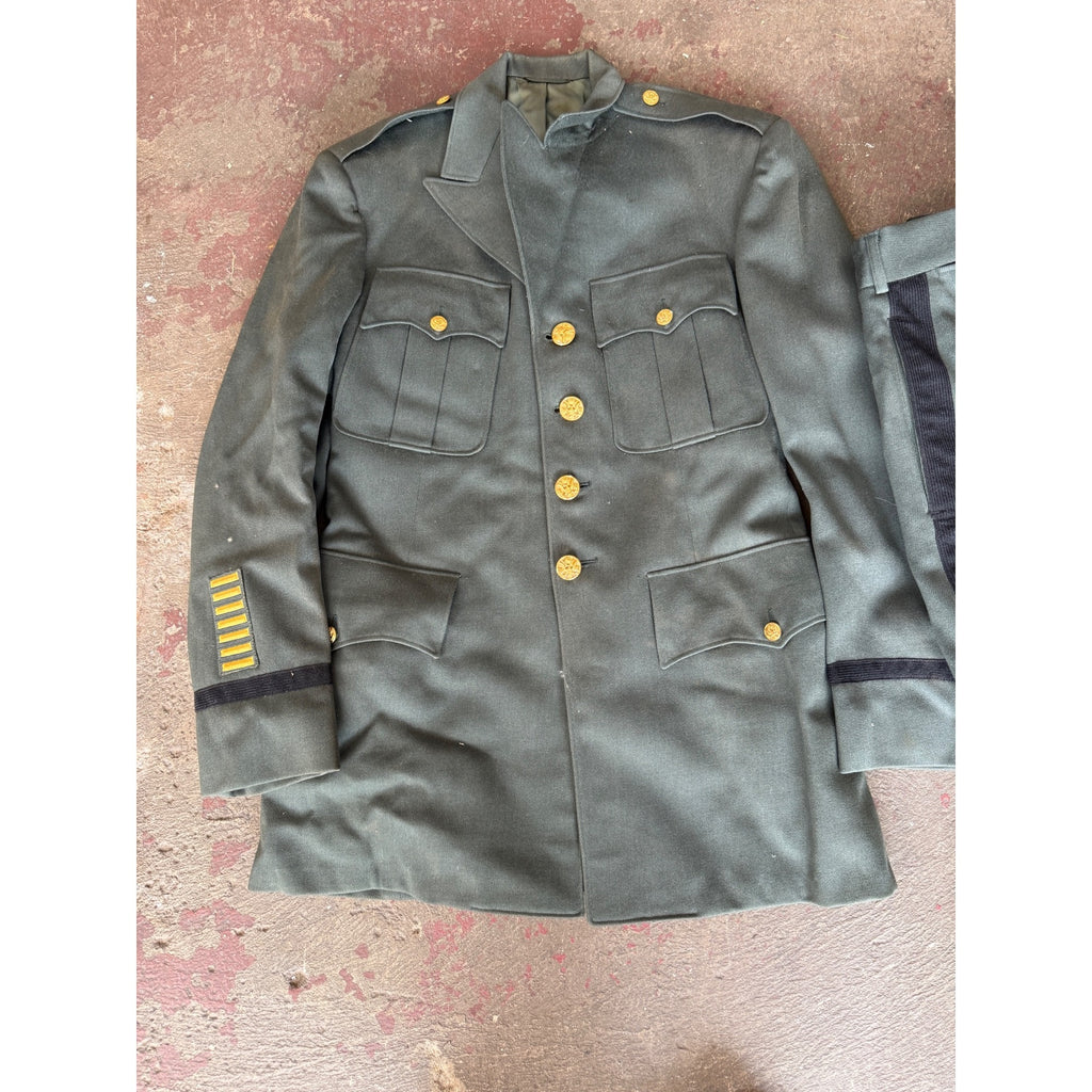 Vintage Military Dress Uniform Jacket & Pants Green Wool Blend Striped Trousers Gold Buttons