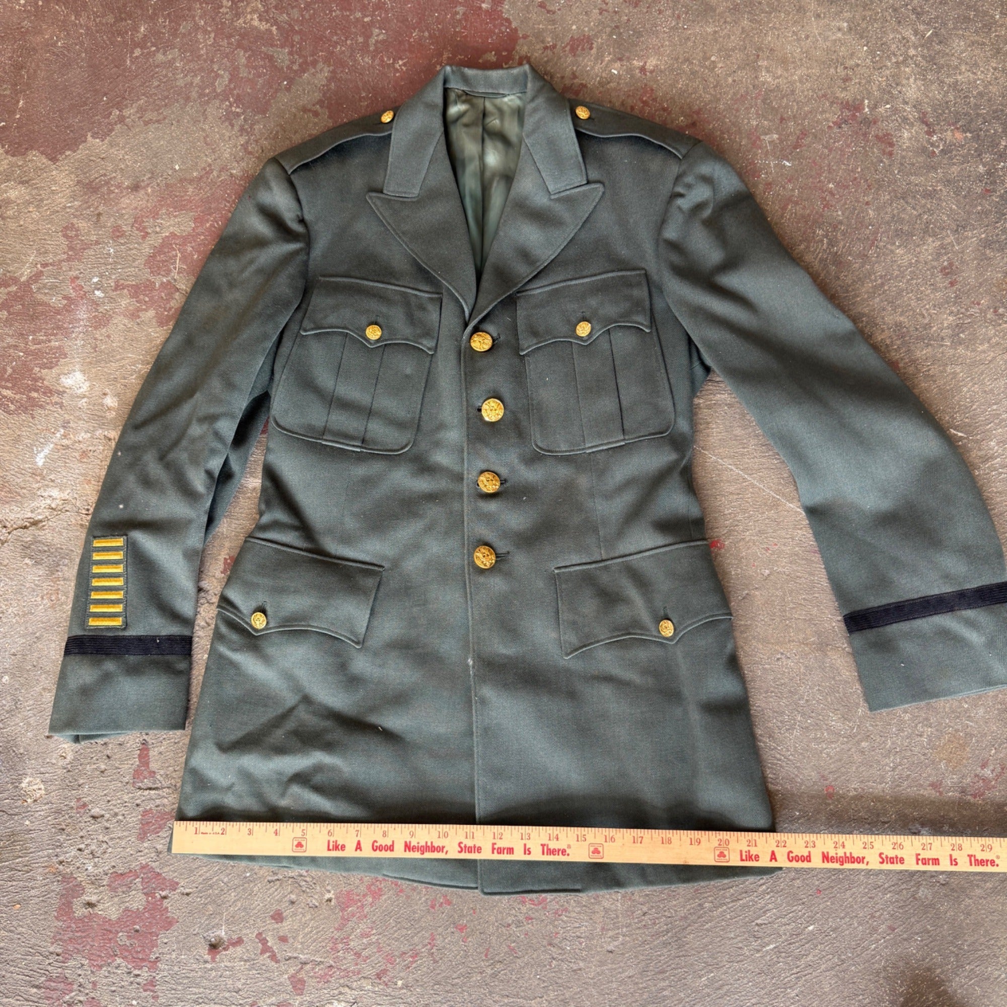 Vintage Military Dress Uniform Jacket & Pants Green Wool Blend Striped Trousers Gold Buttons