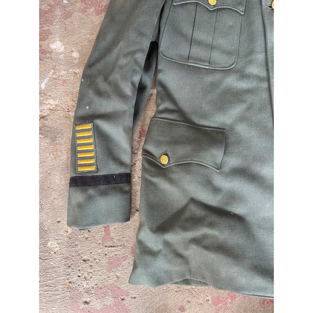 Vintage Military Dress Uniform Jacket & Pants Green Wool Blend Striped Trousers Gold Buttons