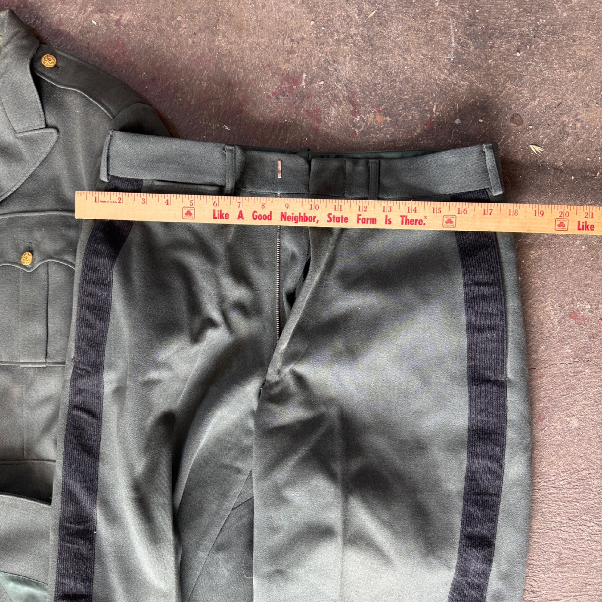 Vintage Military Dress Uniform Jacket & Pants Green Wool Blend Striped Trousers Gold Buttons