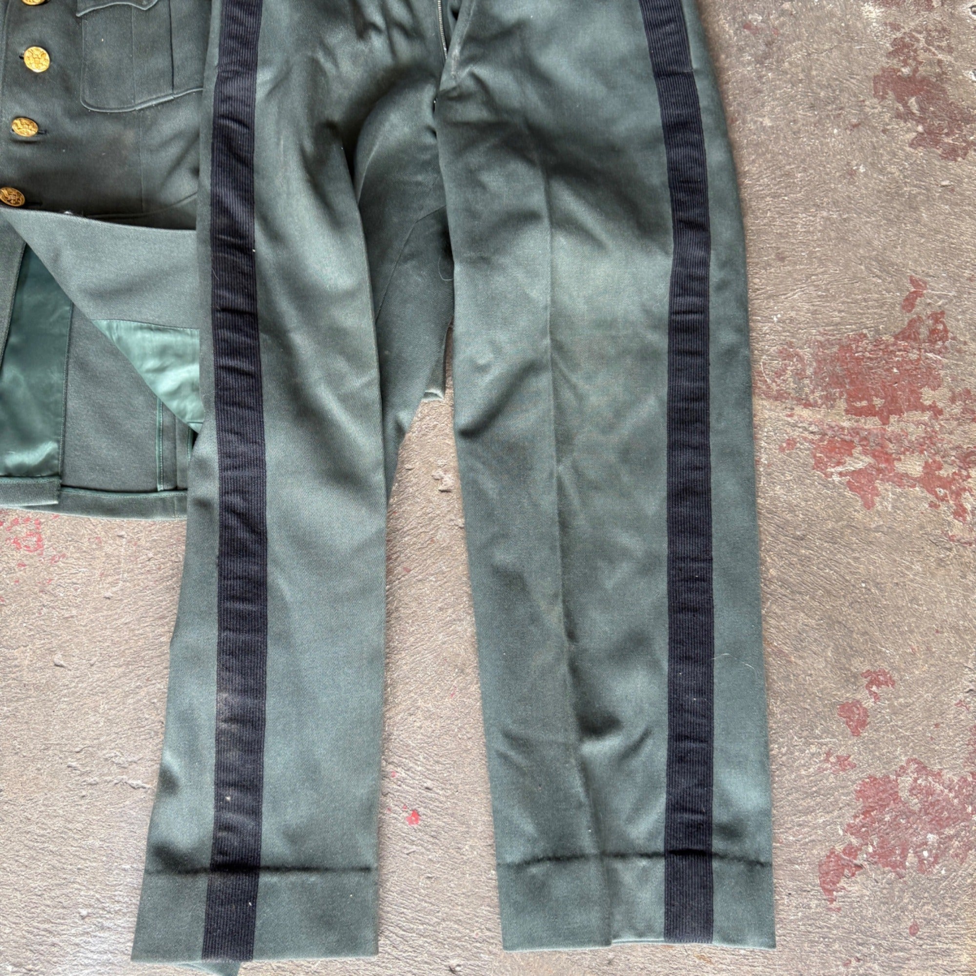 Vintage Military Dress Uniform Jacket & Pants Green Wool Blend Striped Trousers Gold Buttons