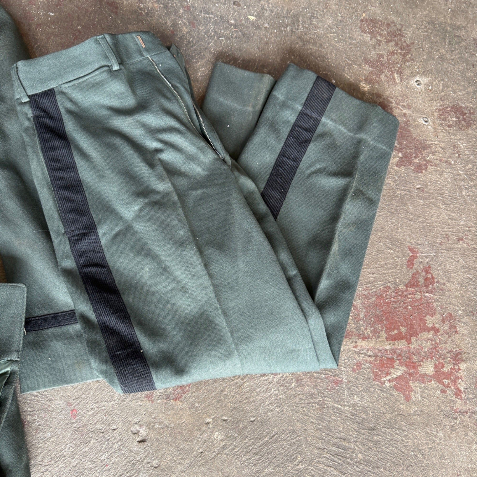 Vintage Military Dress Uniform Jacket & Pants Green Wool Blend Striped Trousers Gold Buttons