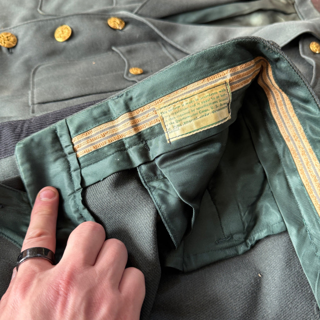Vintage Military Dress Uniform Jacket & Pants Green Wool Blend Striped Trousers Gold Buttons