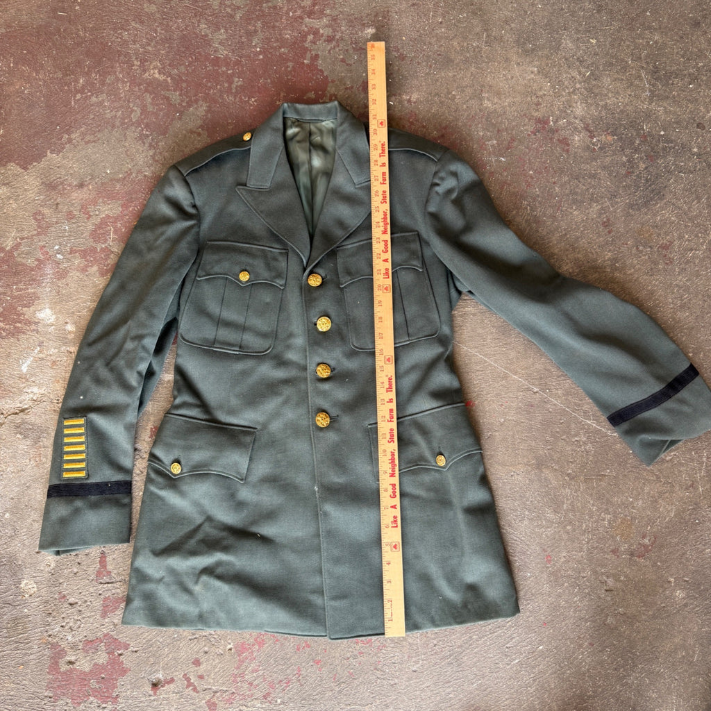 Vintage Military Dress Uniform Jacket & Pants Green Wool Blend Striped Trousers Gold Buttons