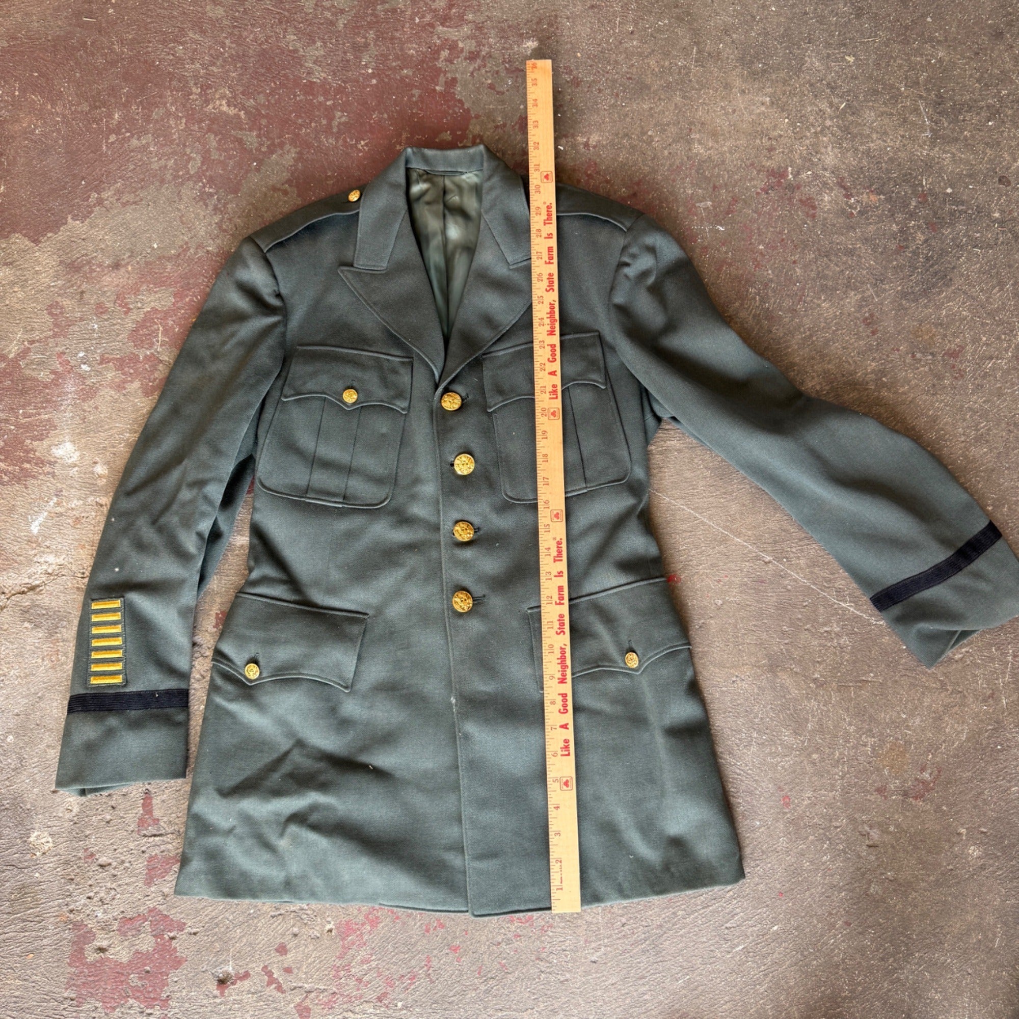 Vintage Military Dress Uniform Jacket & Pants Green Wool Blend Striped Trousers Gold Buttons