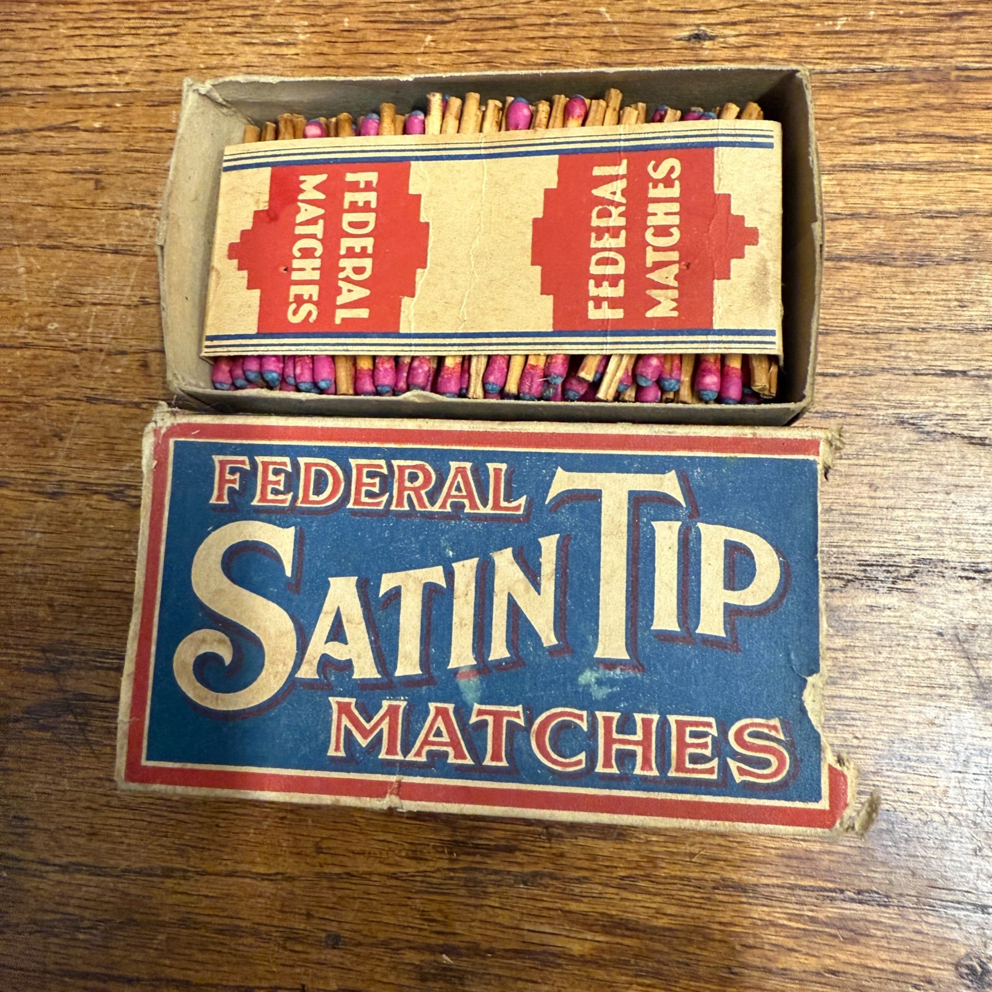 Vintage Federal Satin Tip Matches Advertising Match Box w/ Matches Grocery Decor