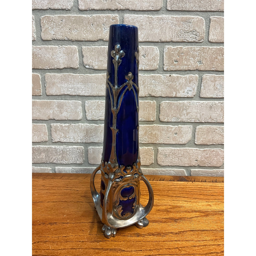 Vintage Art Nouveau Cobalt Blue & Silver Ceramic Glazed 14.5" Vase