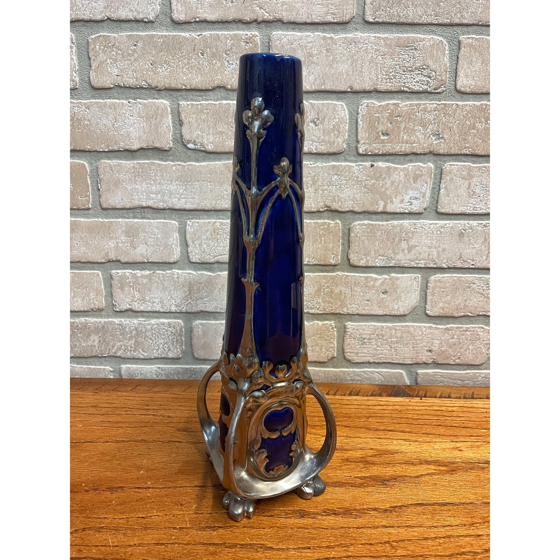 Vintage Art Nouveau Cobalt Blue & Silver Ceramic Glazed 14.5" Vase