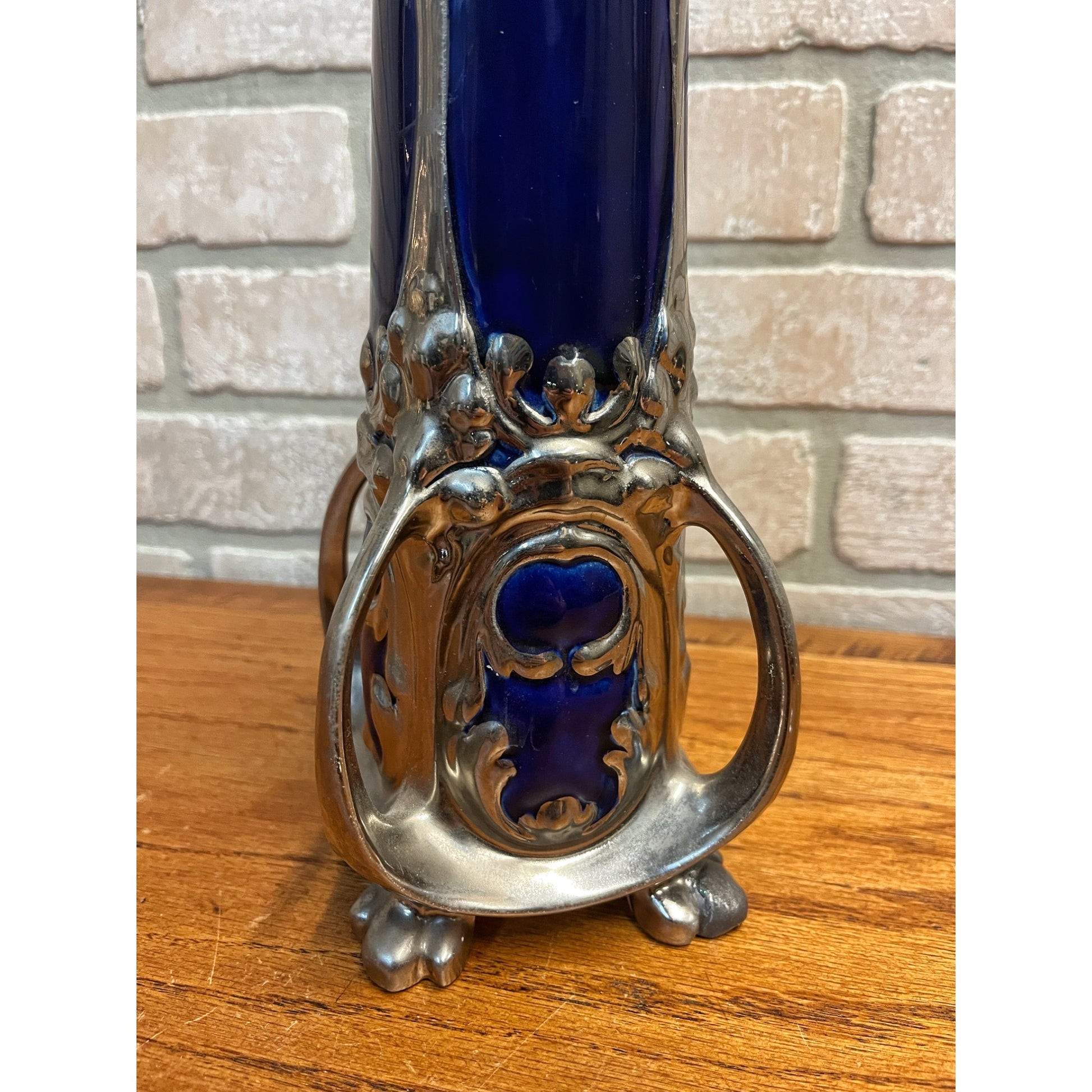 Vintage Art Nouveau Cobalt Blue & Silver Ceramic Glazed 14.5" Vase