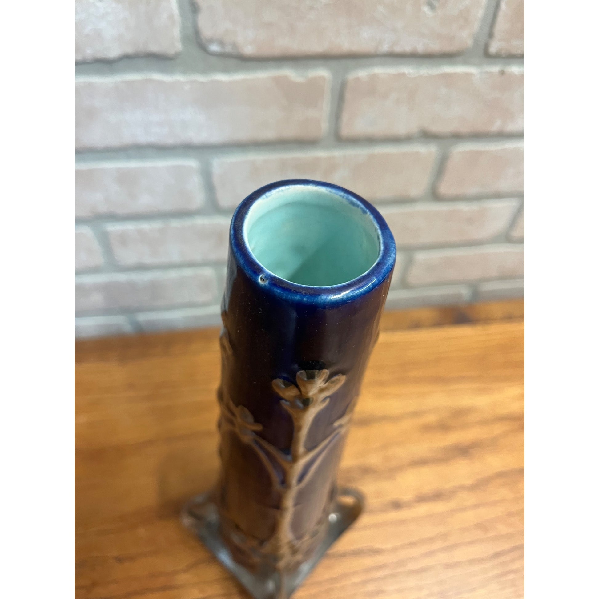 Vintage Art Nouveau Cobalt Blue & Silver Ceramic Glazed 14.5" Vase