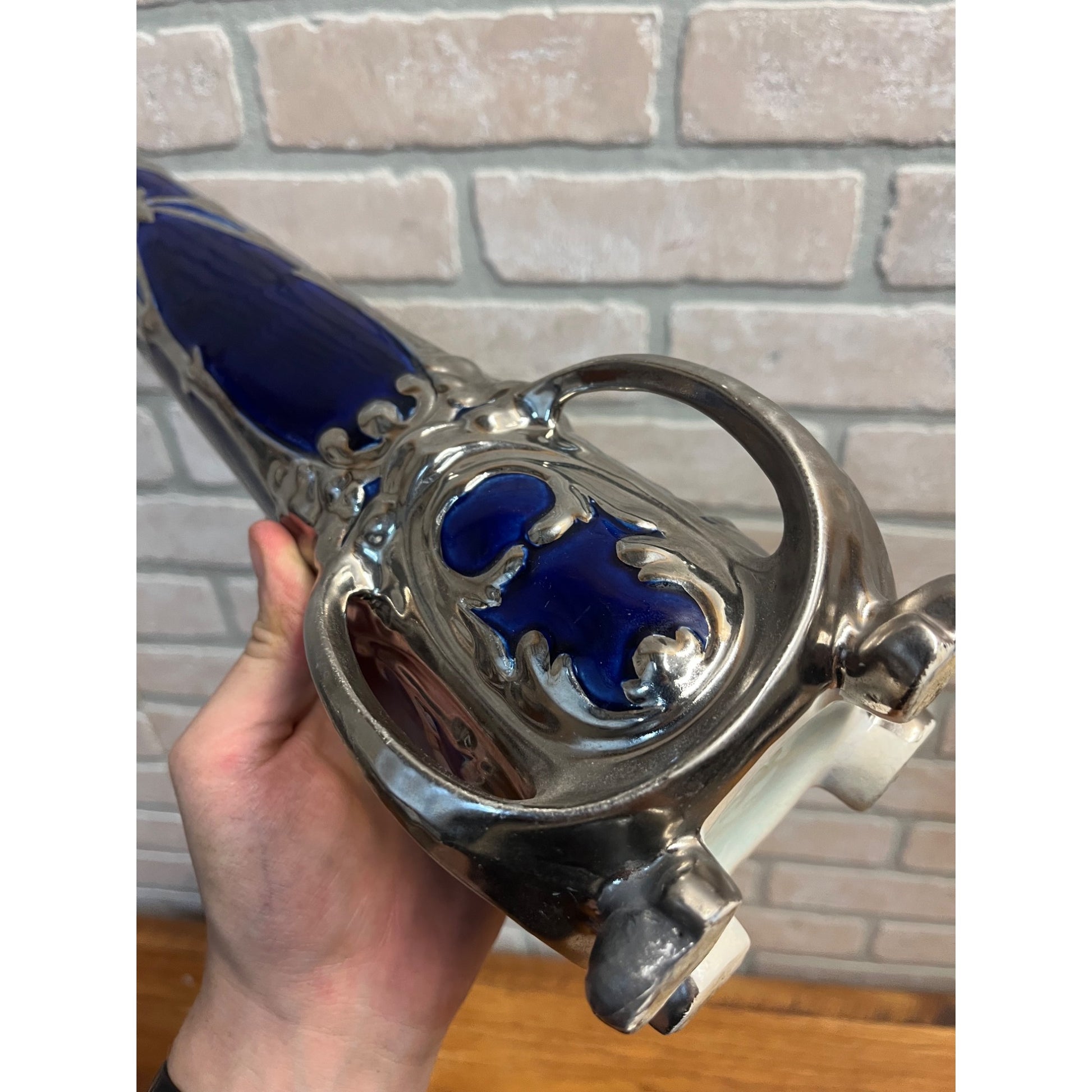 Vintage Art Nouveau Cobalt Blue & Silver Ceramic Glazed 14.5" Vase