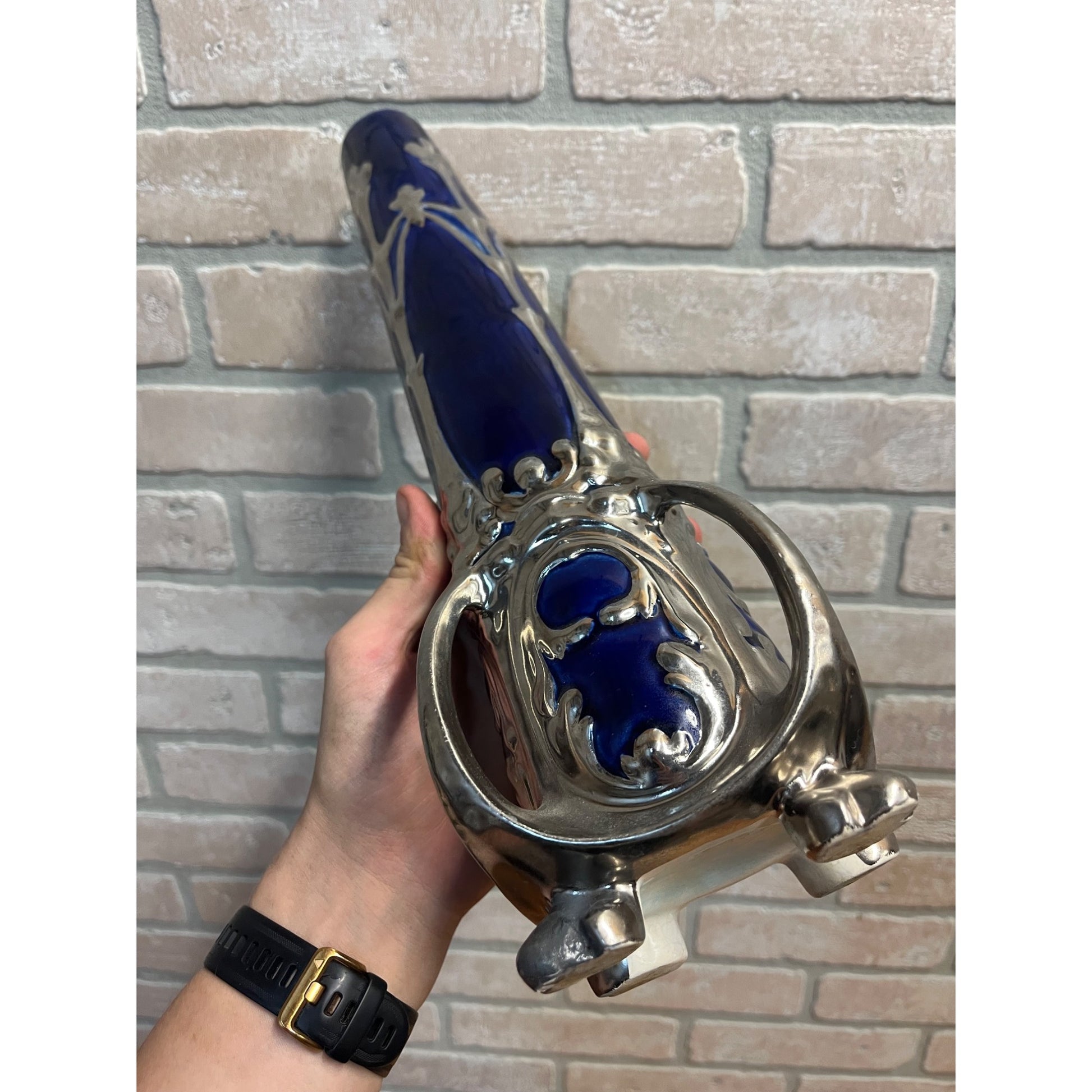 Vintage Art Nouveau Cobalt Blue & Silver Ceramic Glazed 14.5" Vase