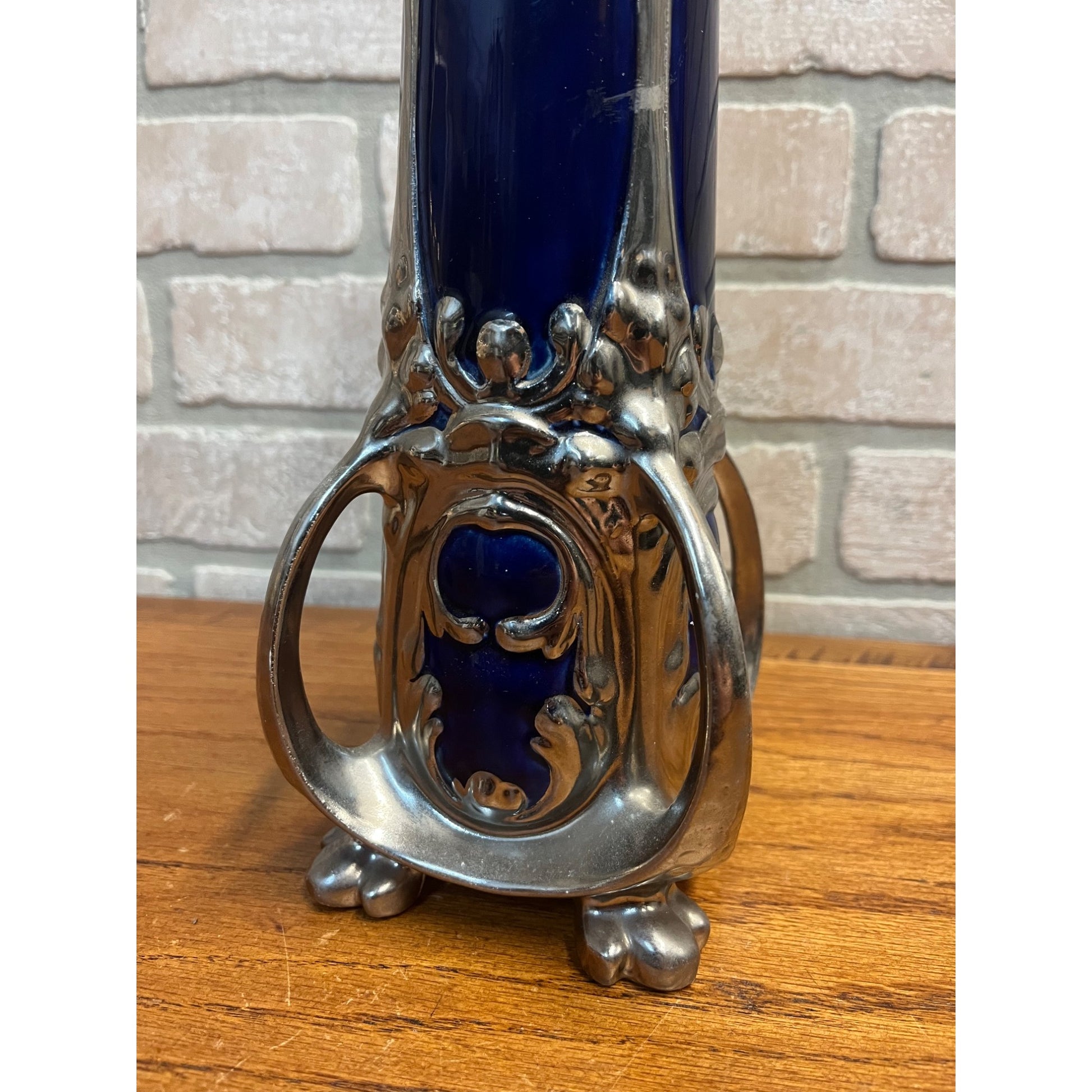 Vintage Art Nouveau Cobalt Blue & Silver Ceramic Glazed 14.5" Vase