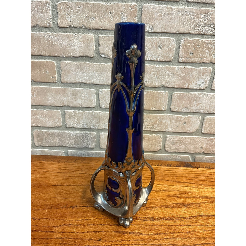 Vintage Art Nouveau Cobalt Blue & Silver Ceramic Glazed 14.5" Vase