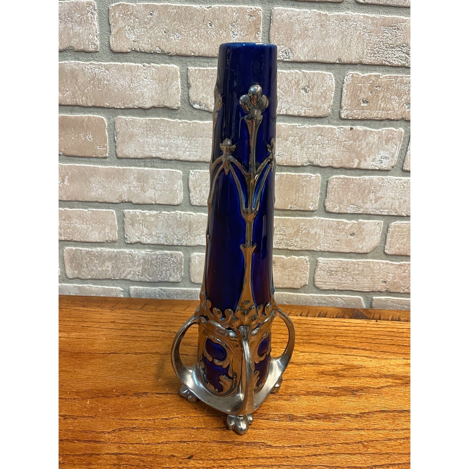 Vintage Art Nouveau Cobalt Blue & Silver Ceramic Glazed 14.5" Vase