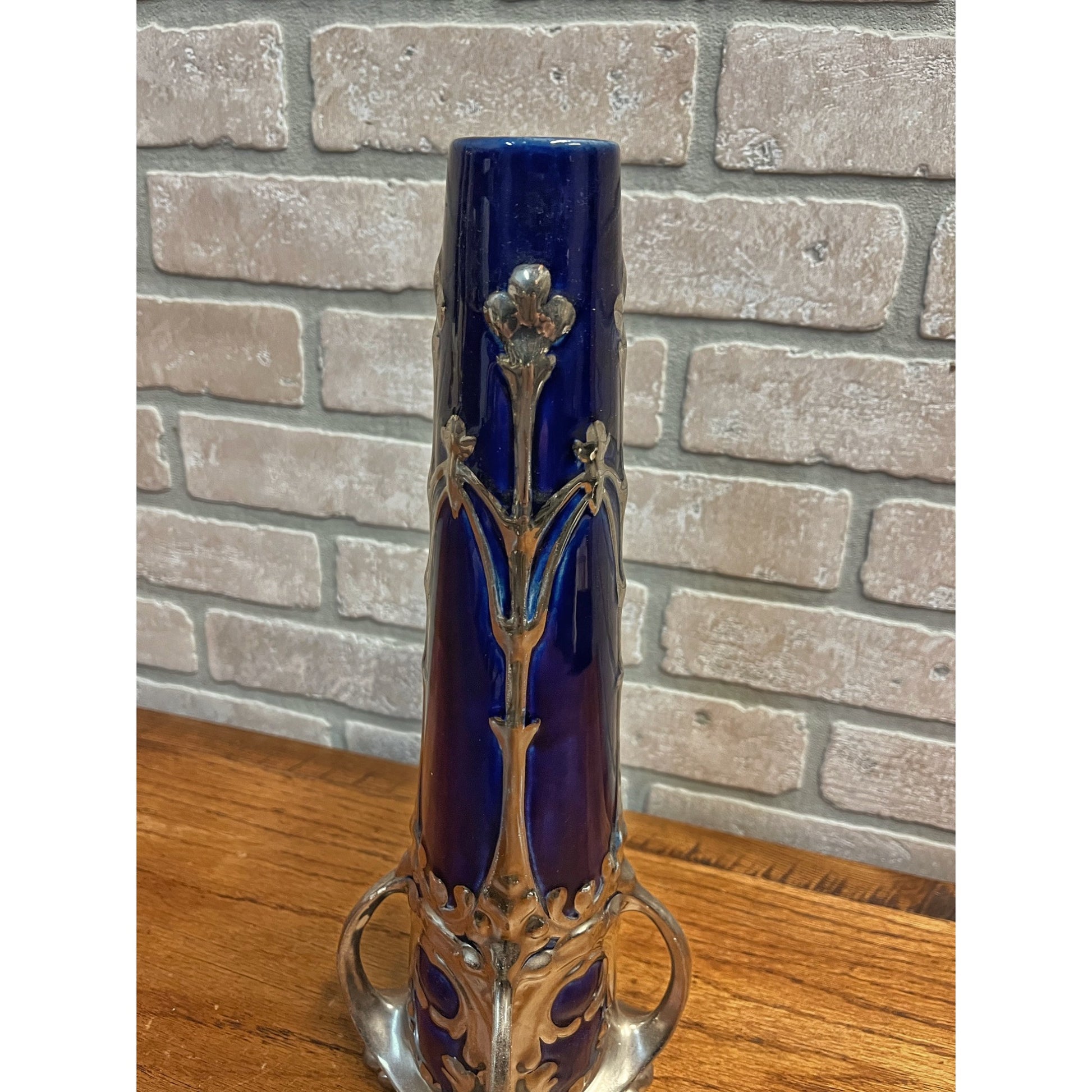 Vintage Art Nouveau Cobalt Blue & Silver Ceramic Glazed 14.5" Vase