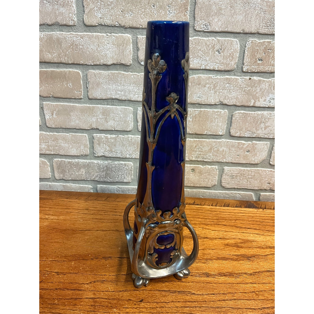 Vintage Art Nouveau Cobalt Blue & Silver Ceramic Glazed 14.5" Vase