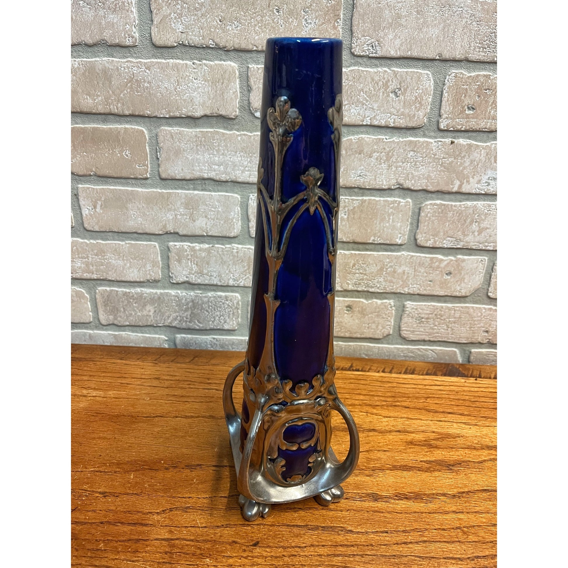 Vintage Art Nouveau Cobalt Blue & Silver Ceramic Glazed 14.5" Vase