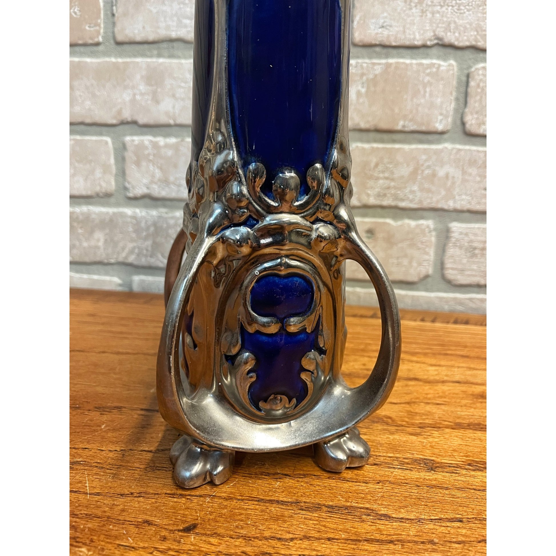 Vintage Art Nouveau Cobalt Blue & Silver Ceramic Glazed 14.5" Vase