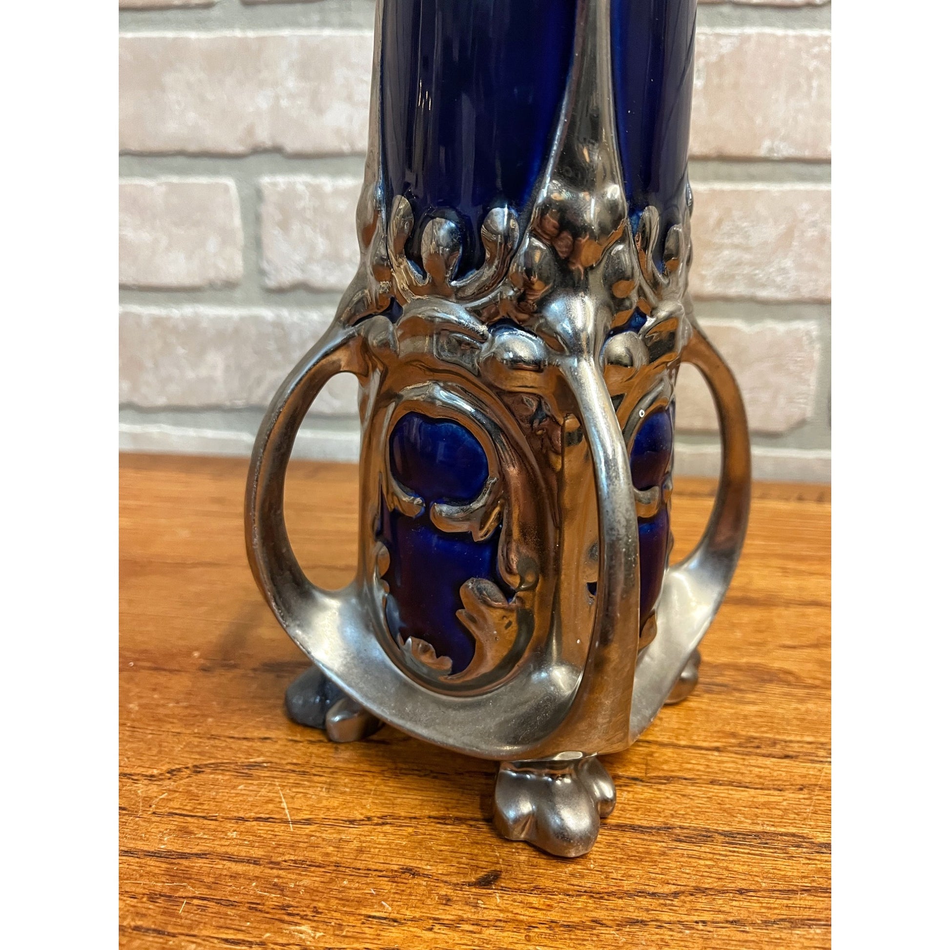 Vintage Art Nouveau Cobalt Blue & Silver Ceramic Glazed 14.5" Vase