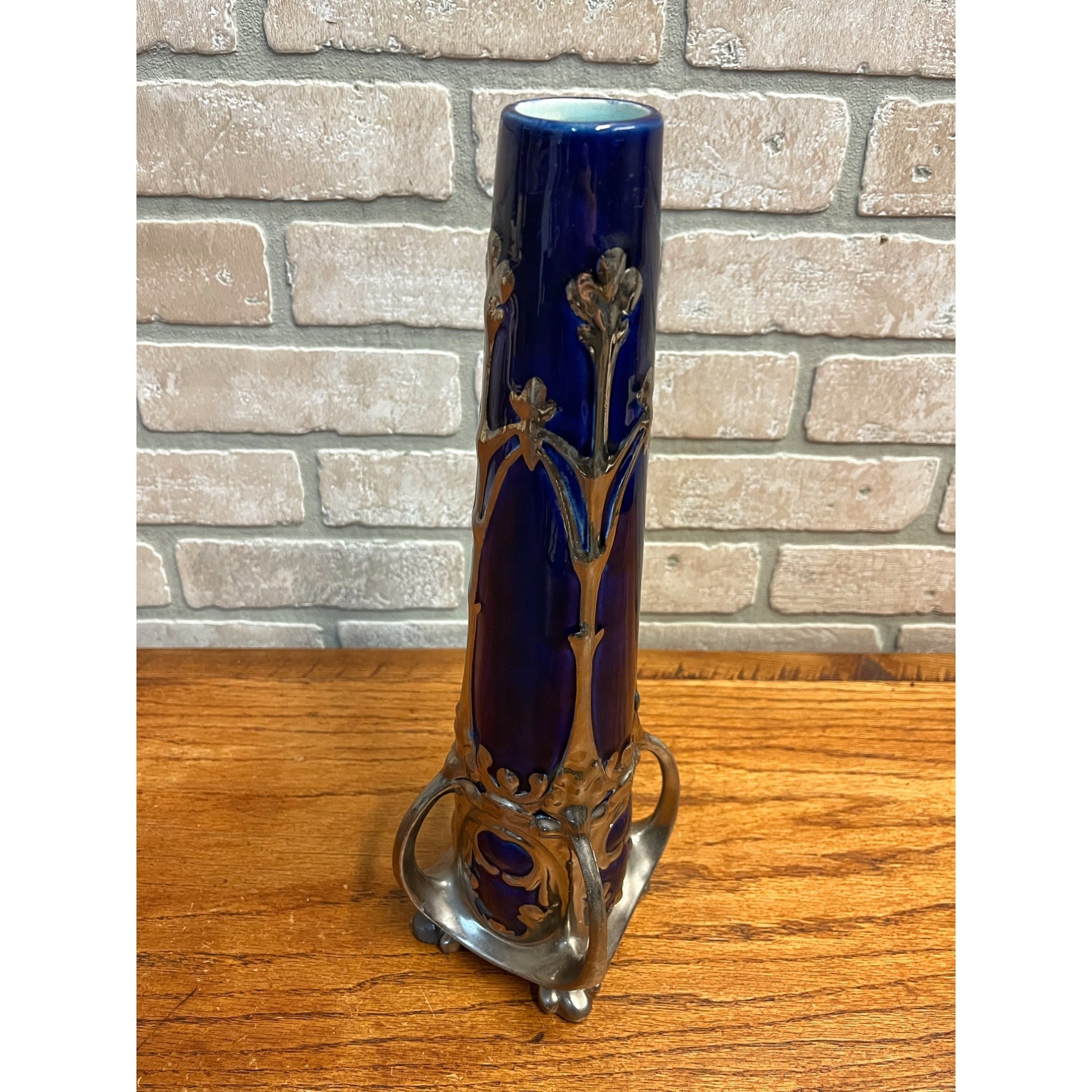 Vintage Art Nouveau Cobalt Blue & Silver Ceramic Glazed 14.5" Vase