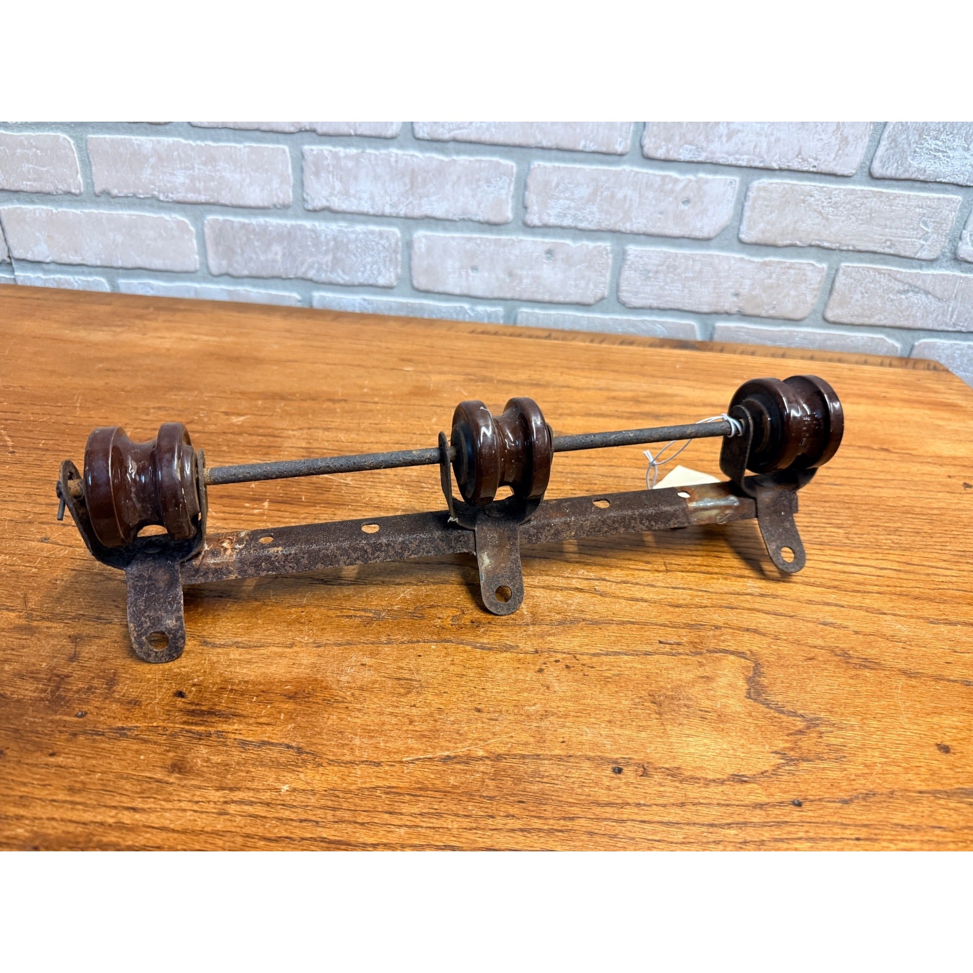 Vintage Brown Ceramic Porcelain Spool Electric Insulators on Metal Bracket