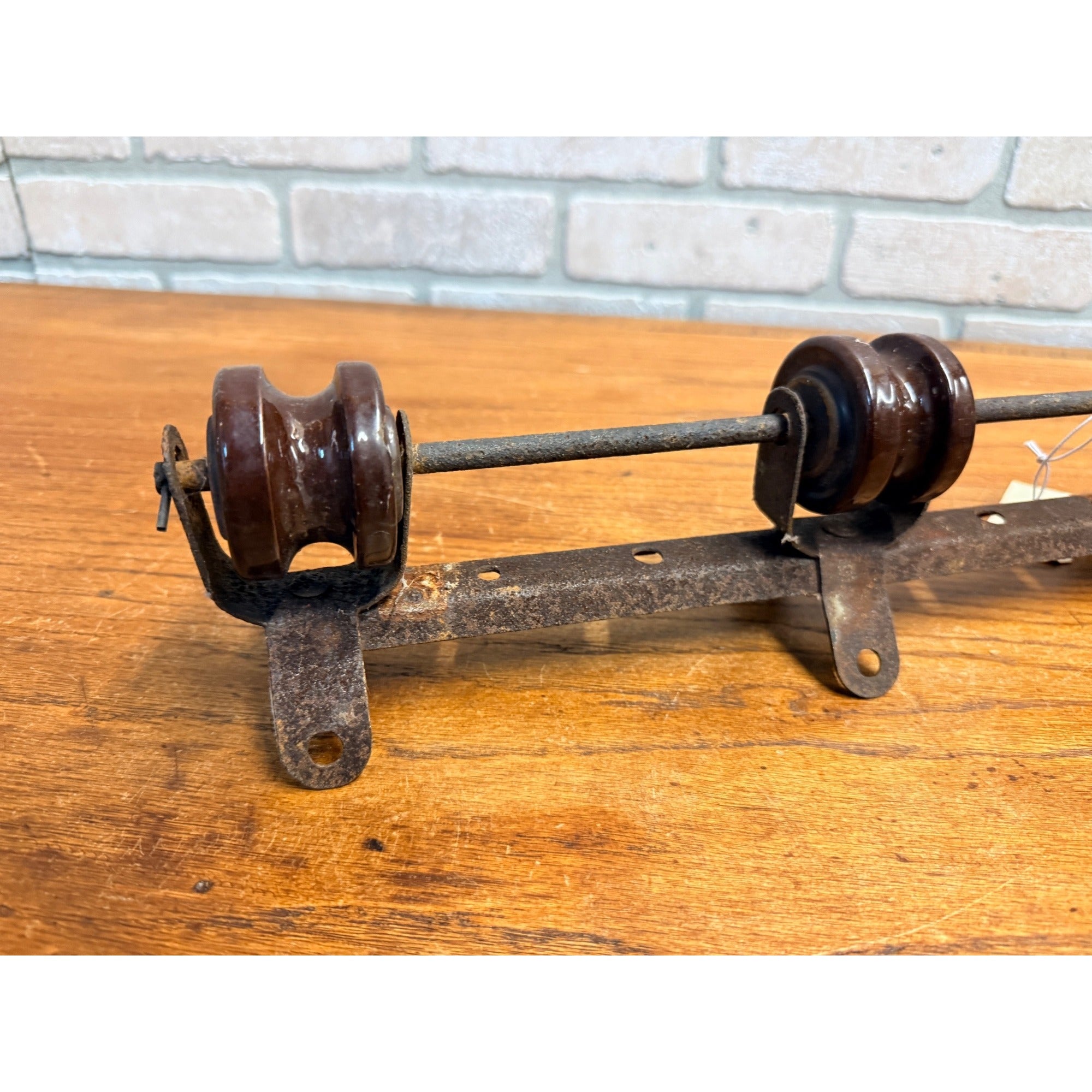 Vintage Brown Ceramic Porcelain Spool Electric Insulators on Metal Bracket