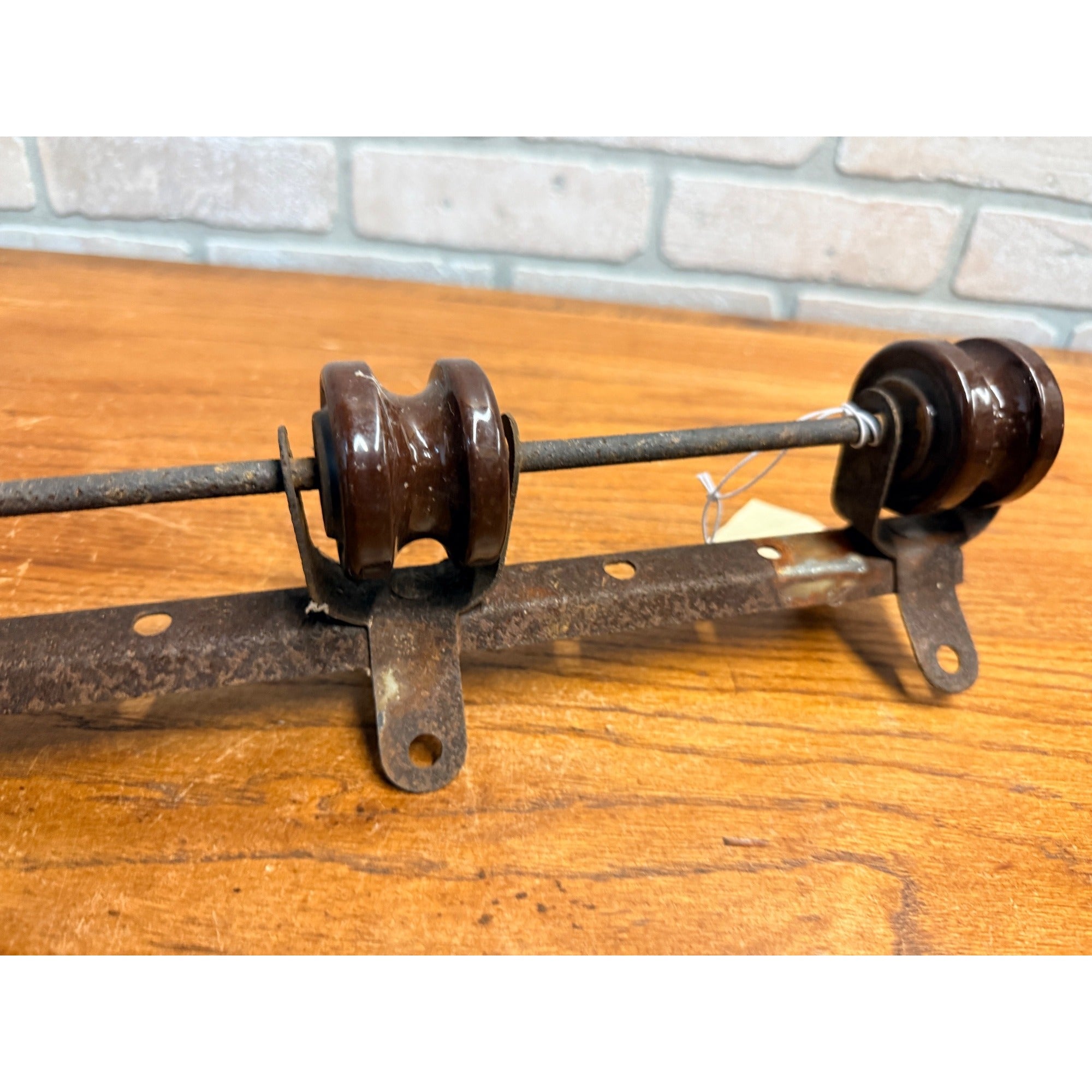 Vintage Brown Ceramic Porcelain Spool Electric Insulators on Metal Bracket