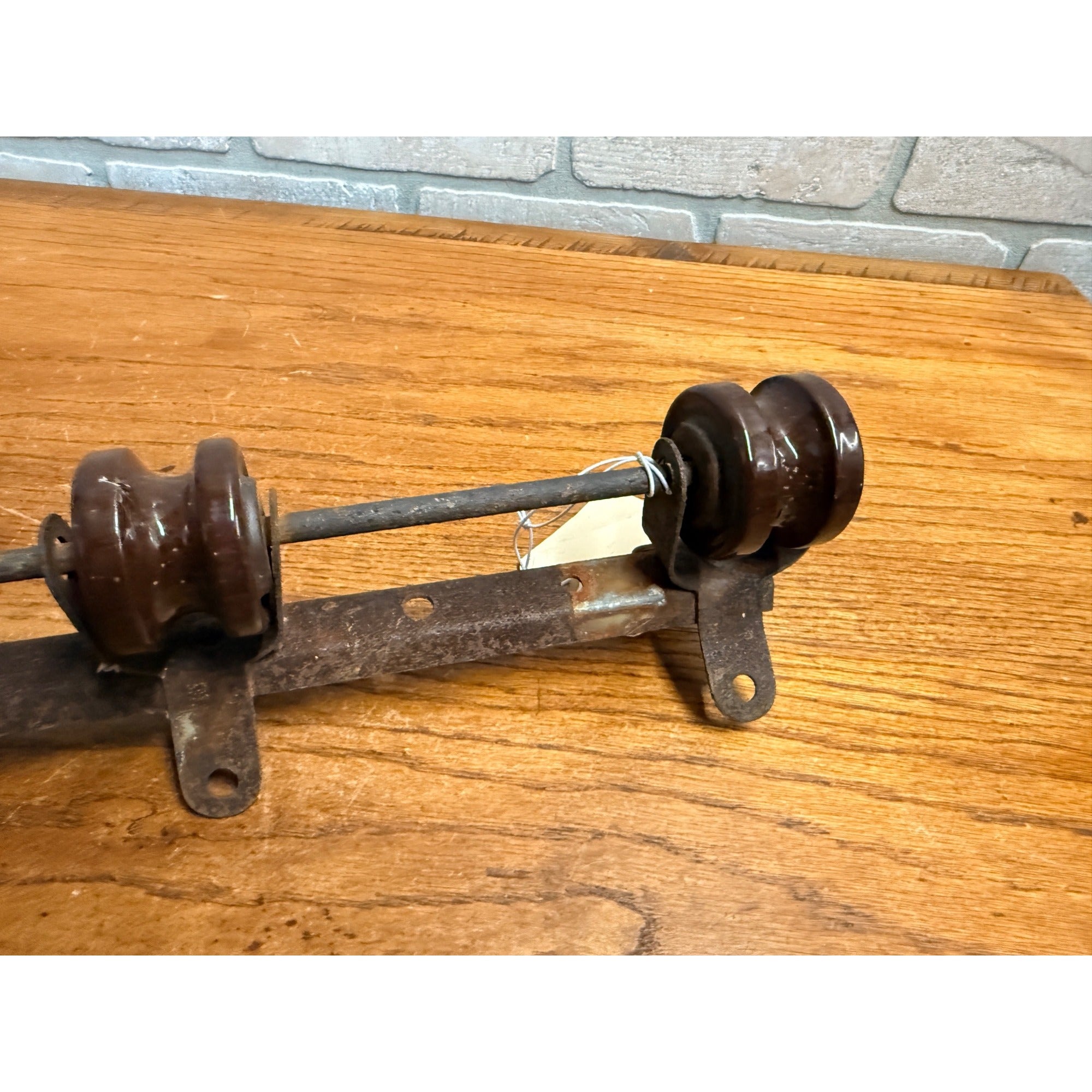 Vintage Brown Ceramic Porcelain Spool Electric Insulators on Metal Bracket