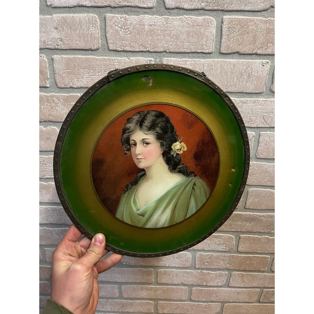 Antique Tin Chimney Flue Cover Art Reverse Painted Glass Girl 11.75" Victorian