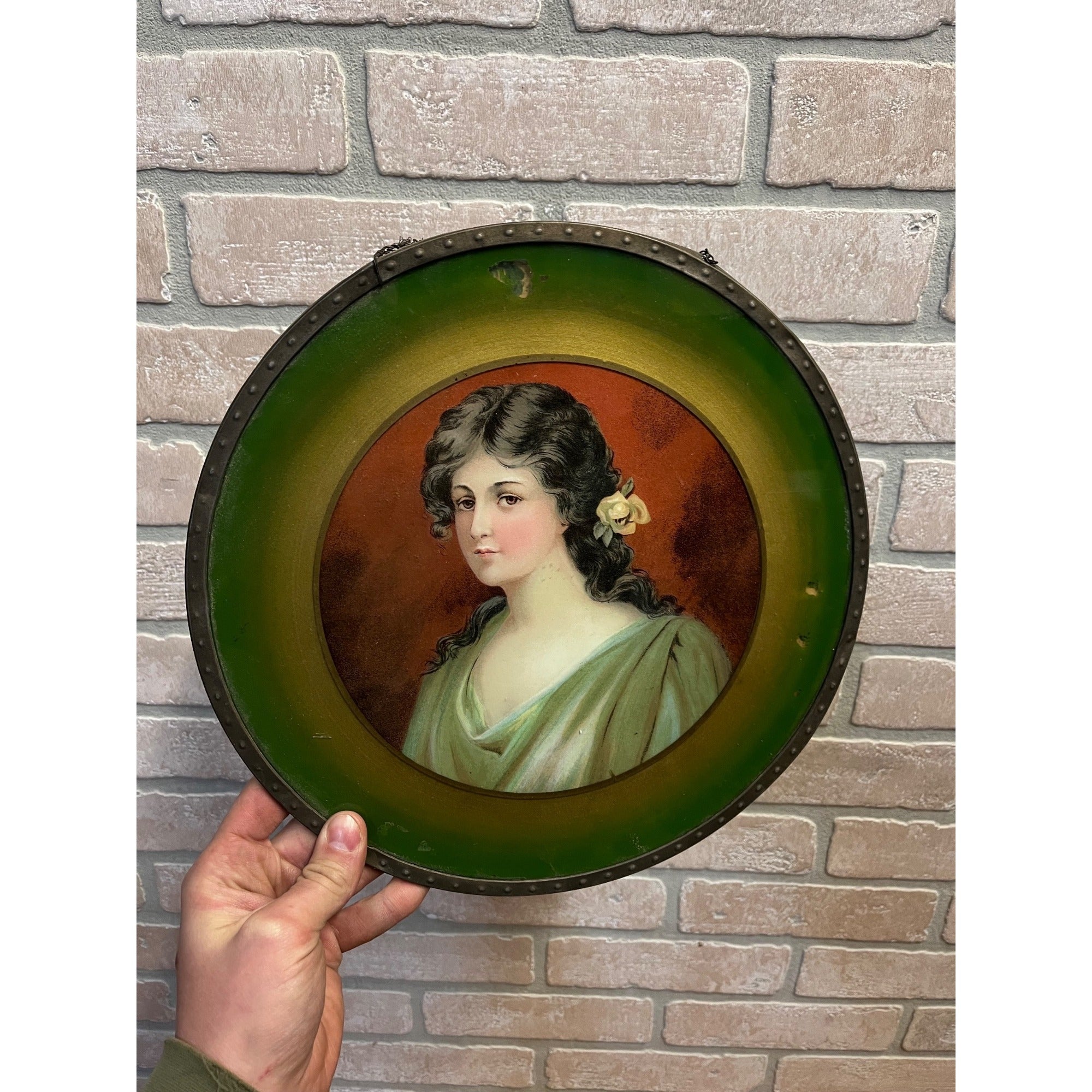 Antique Tin Chimney Flue Cover Art Reverse Painted Glass Girl 11.75" Victorian