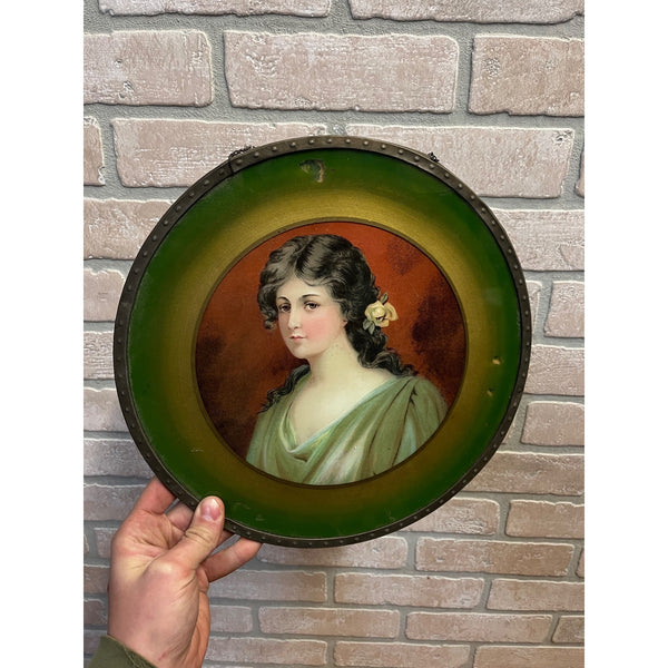 Antique Tin Chimney Flue Cover Art Reverse Painted Glass Girl 11.75" Victorian
