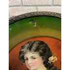 Antique Tin Chimney Flue Cover Art Reverse Painted Glass Girl 11.75" Victorian