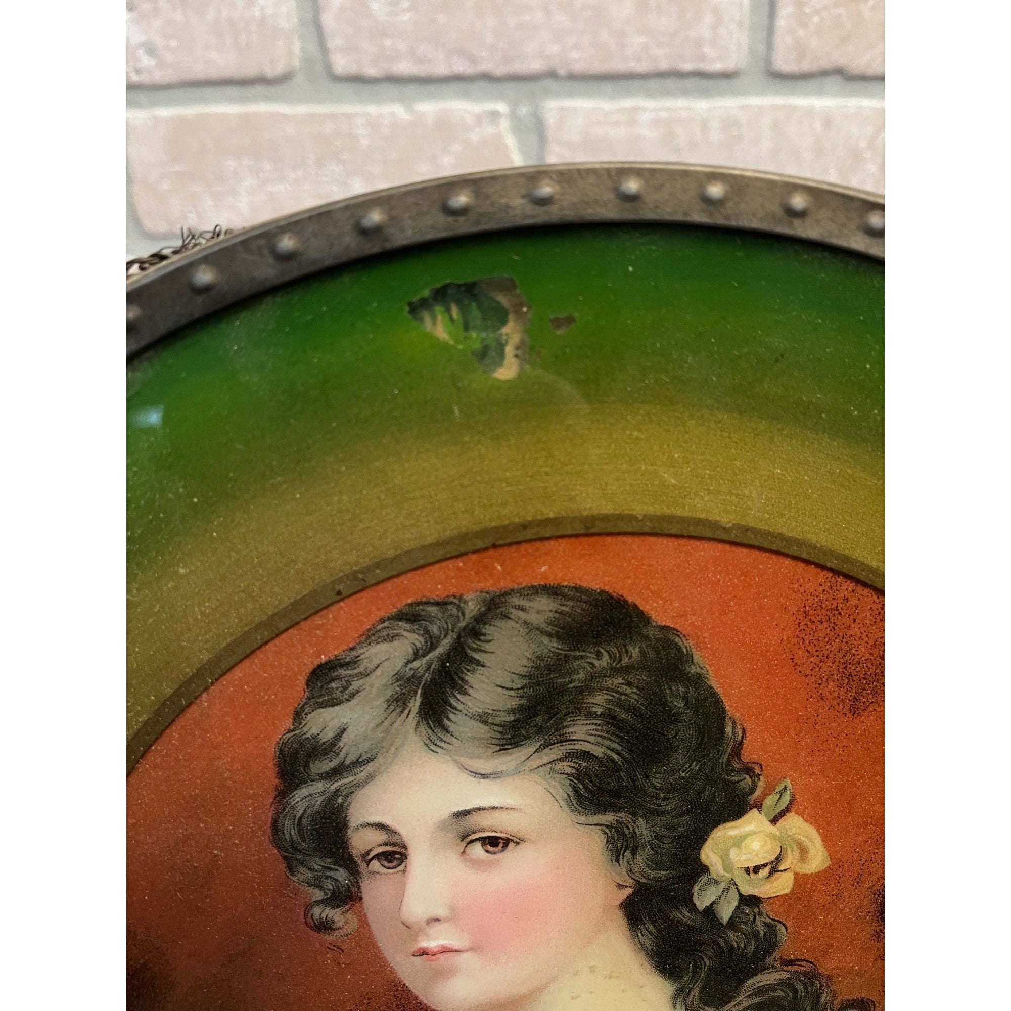 Antique Tin Chimney Flue Cover Art Reverse Painted Glass Girl 11.75" Victorian
