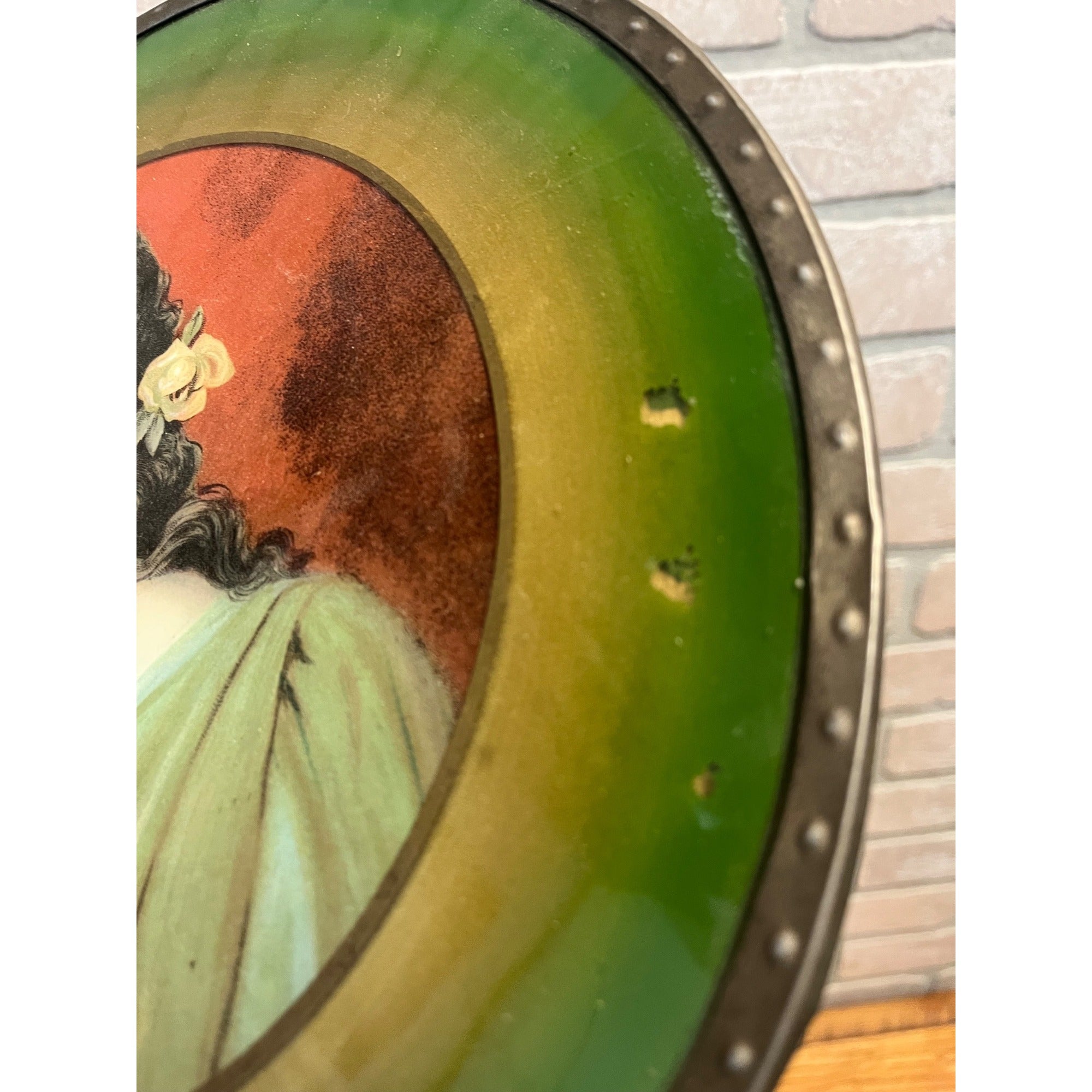Antique Tin Chimney Flue Cover Art Reverse Painted Glass Girl 11.75" Victorian