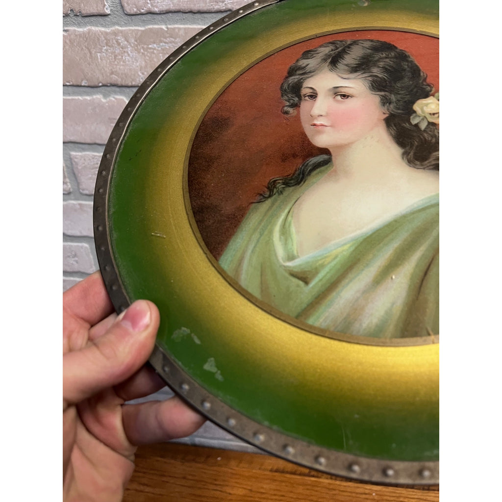 Antique Tin Chimney Flue Cover Art Reverse Painted Glass Girl 11.75" Victorian