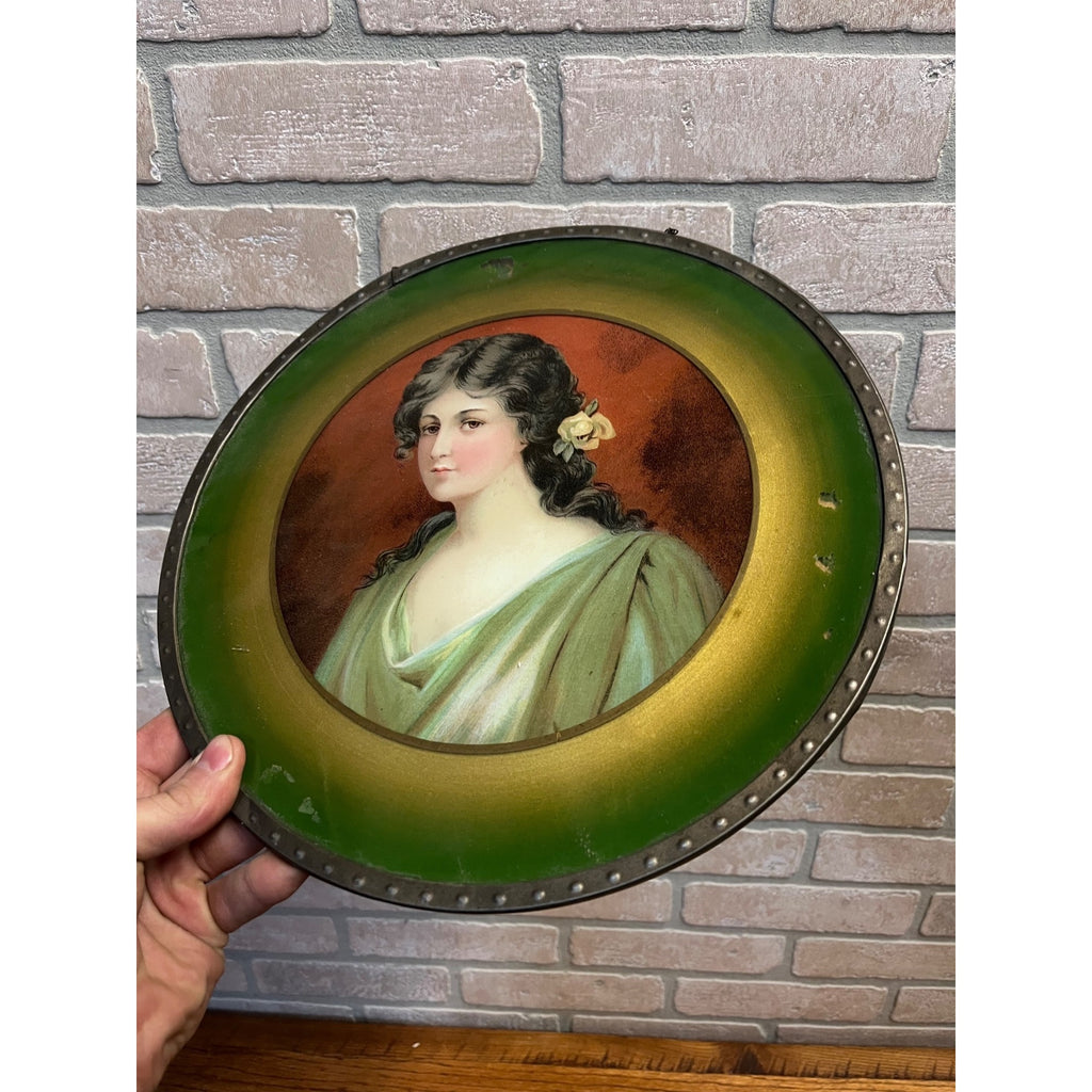 Antique Tin Chimney Flue Cover Art Reverse Painted Glass Girl 11.75" Victorian